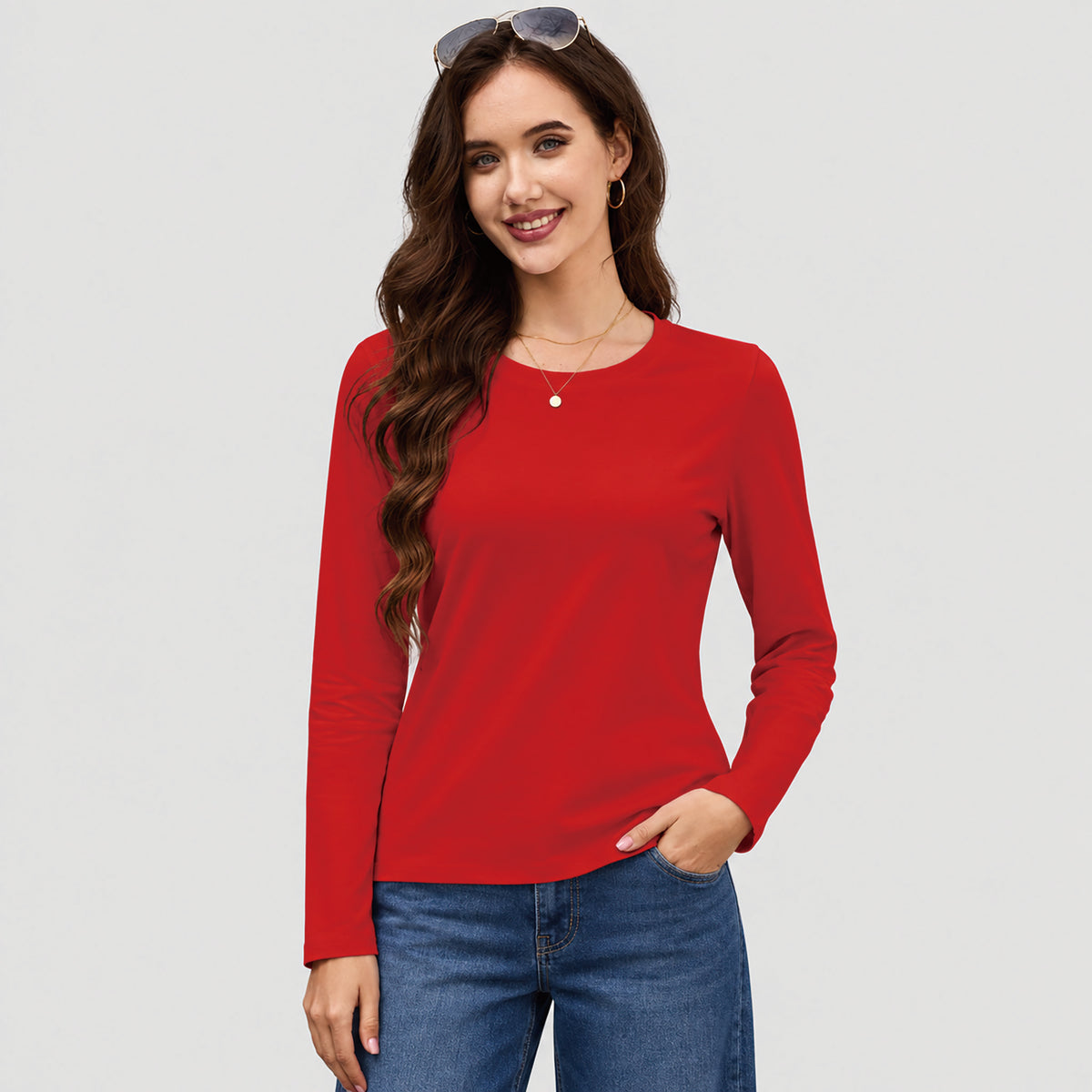 Women's Cotton Long Sleeve Crew Neck T Shirt Soft Casual Basic Tee