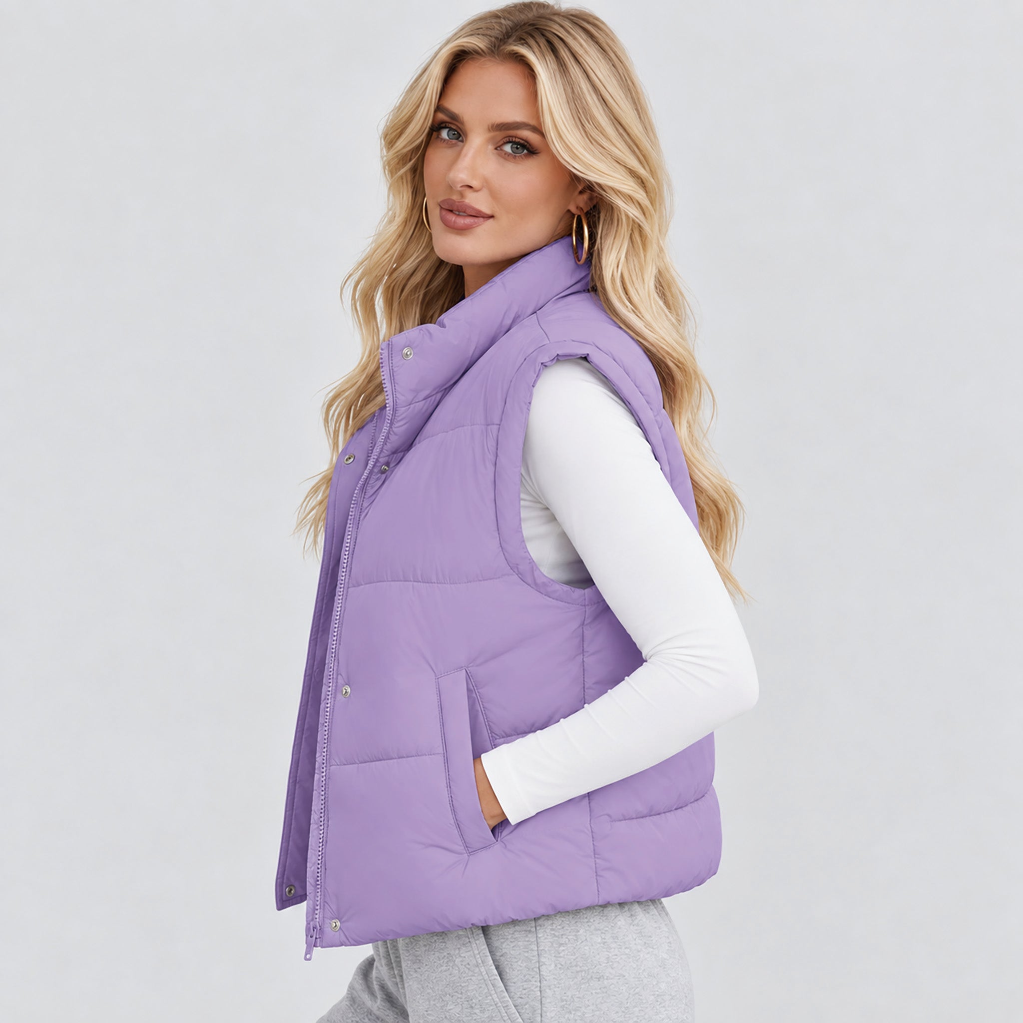 Womens Lightweight Cropped Puffer Vest with Stand Collar