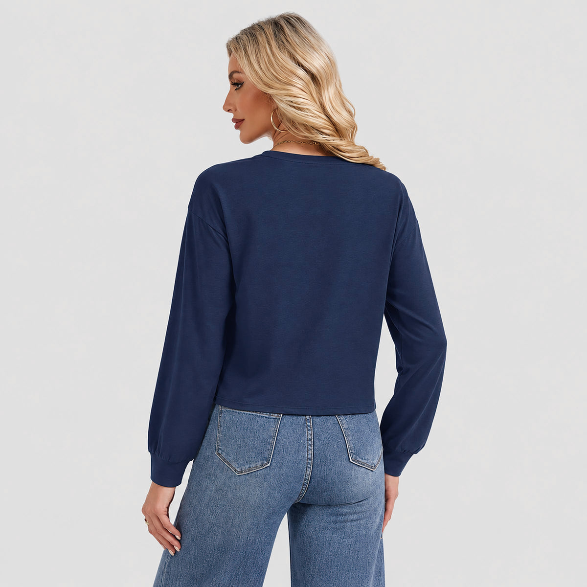 Women's Long Sleeve Cropped Top Crew Neck Casual Lightweight Shirt