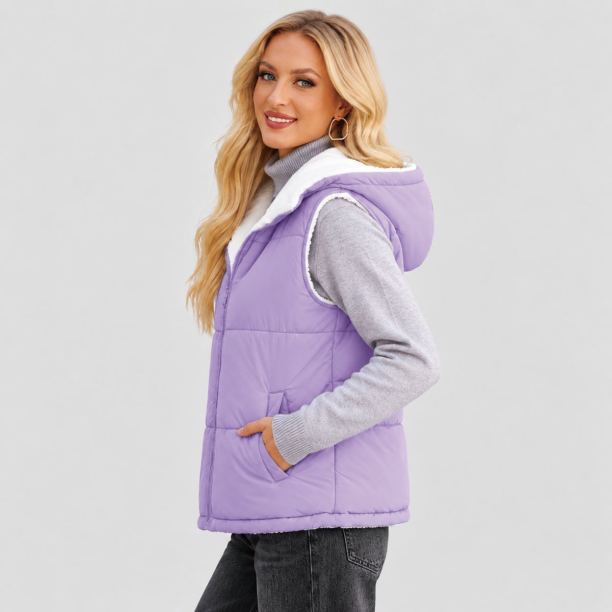 Women's Reversible Fleece Lined Puffer Vest Lightweight Winter Vest with Hood