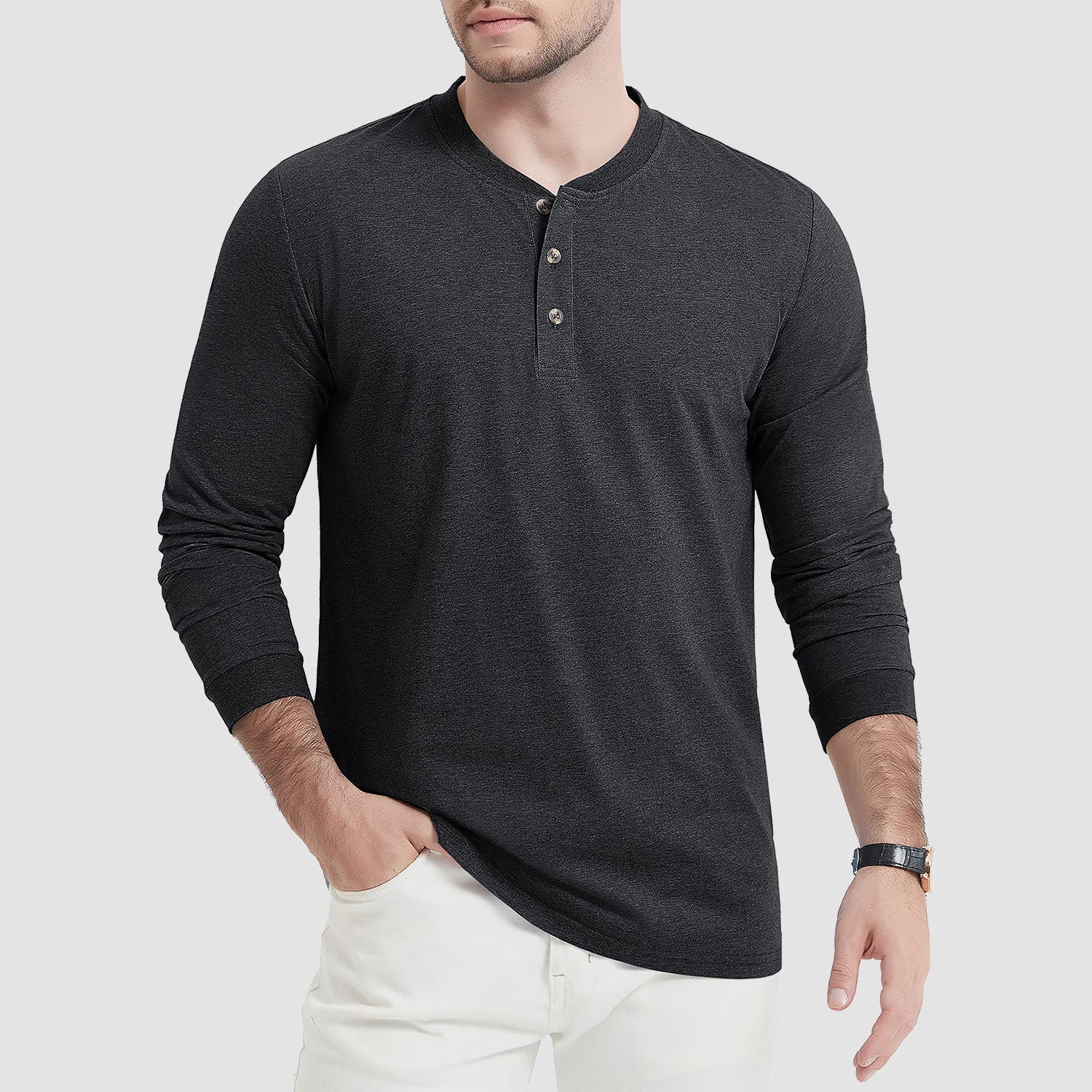 Men's Cotton Long Sleeve Henley Shirt, Casual Work Tee - MAGCOMSEN