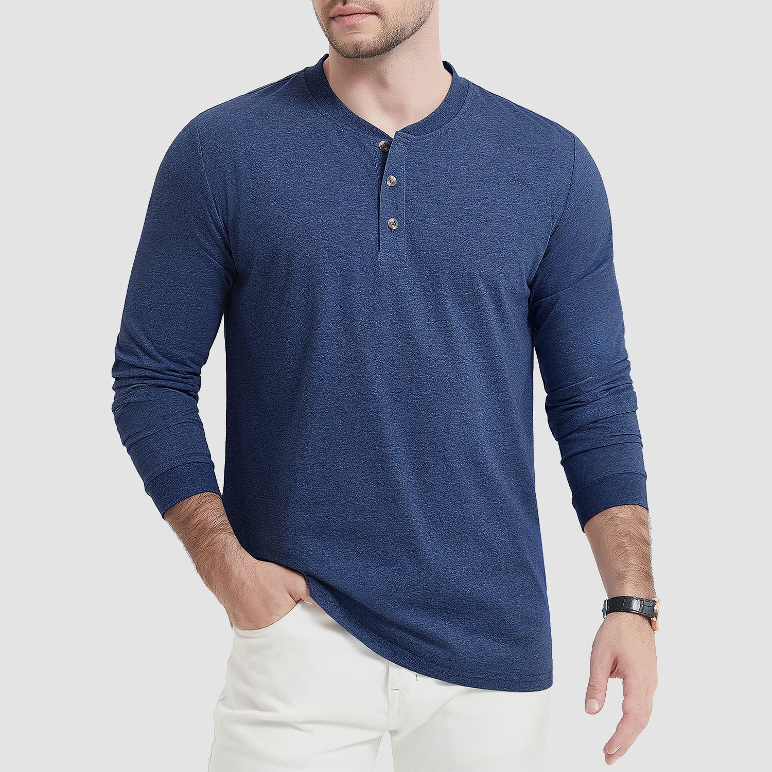 Men's Cotton Long Sleeve Henley Shirt, Casual Work Tee - MAGCOMSEN