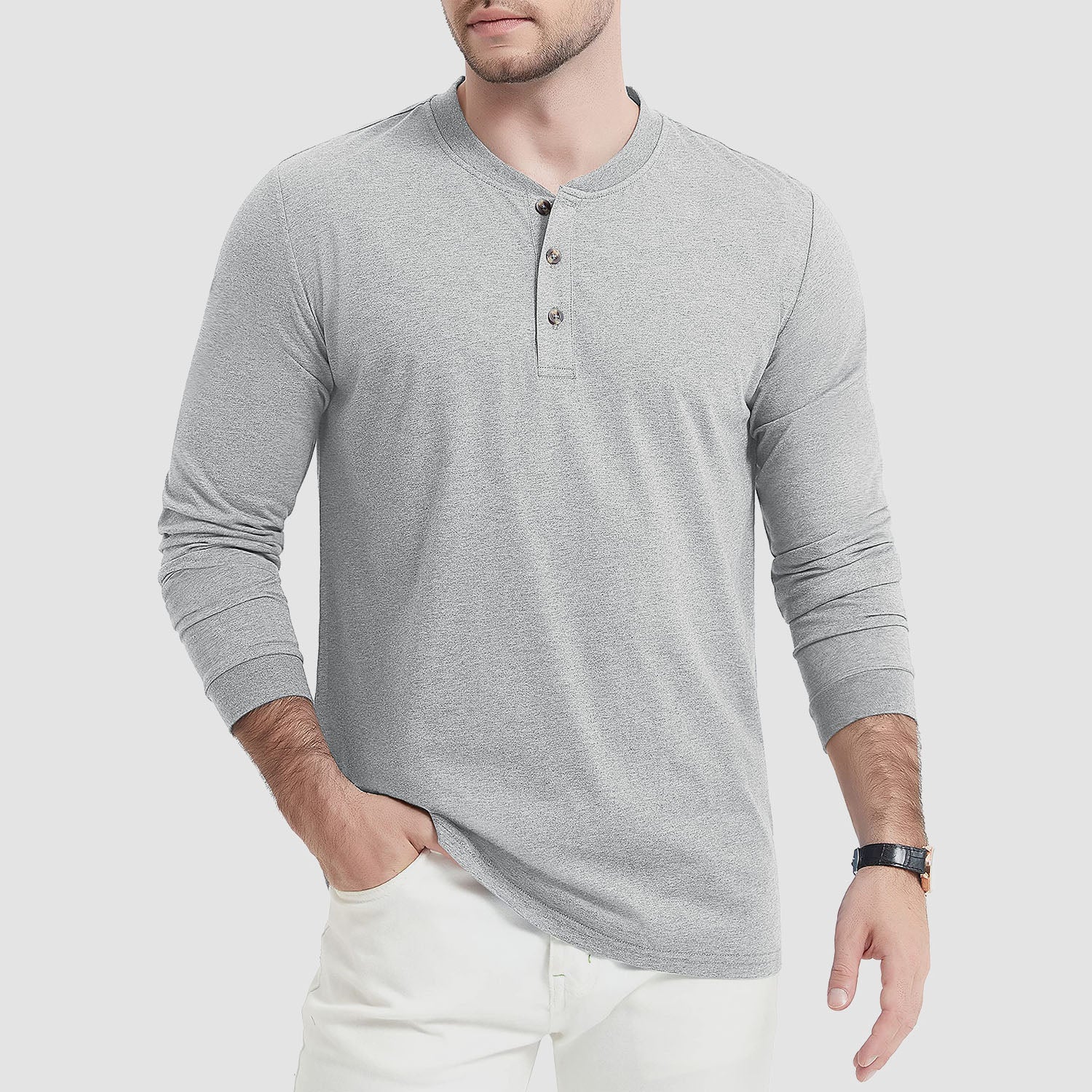 Men's Cotton Long Sleeve Henley Shirt, Casual Work Tee - MAGCOMSEN