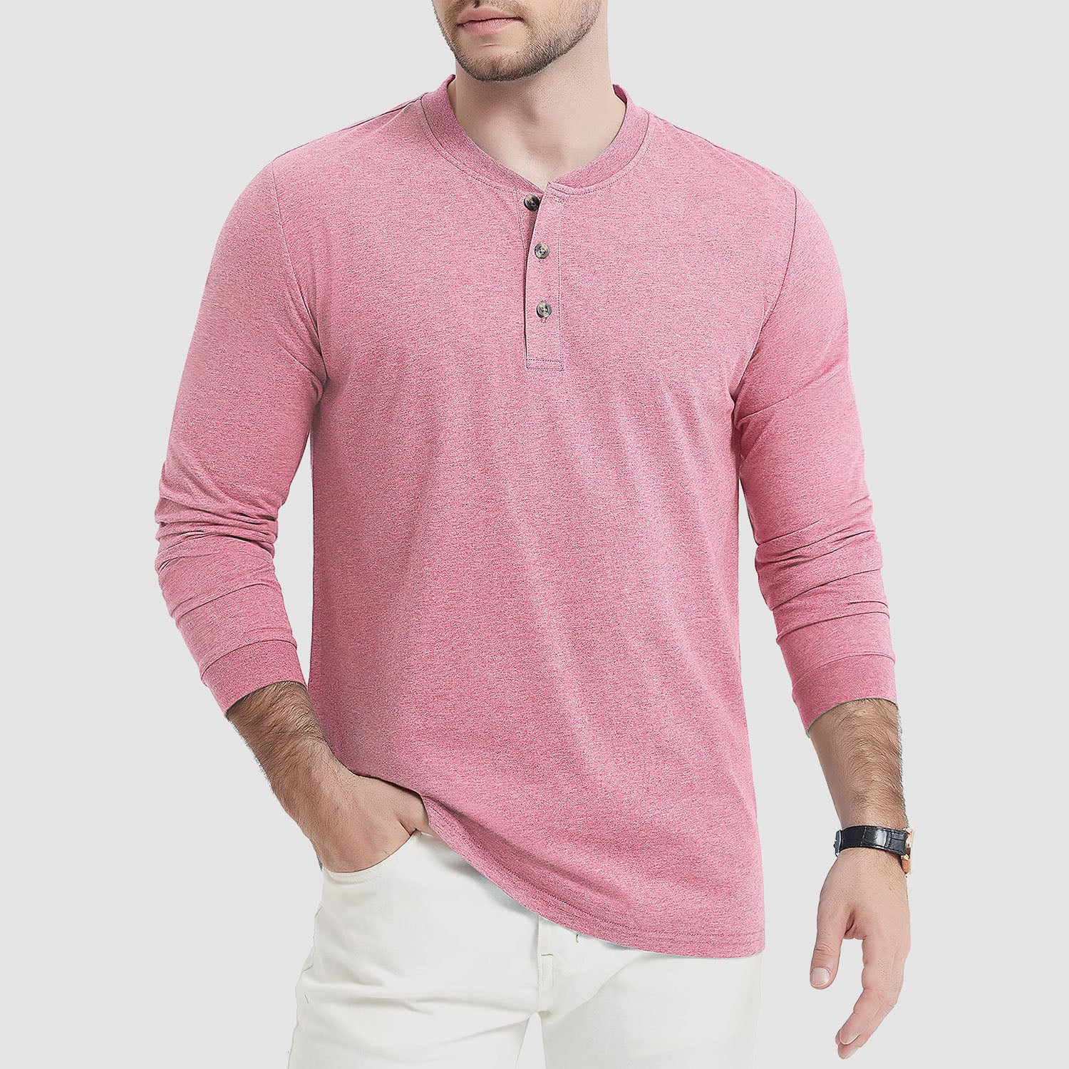 Men's Cotton Long Sleeve Henley Shirt, Casual Work Tee - MAGCOMSEN
