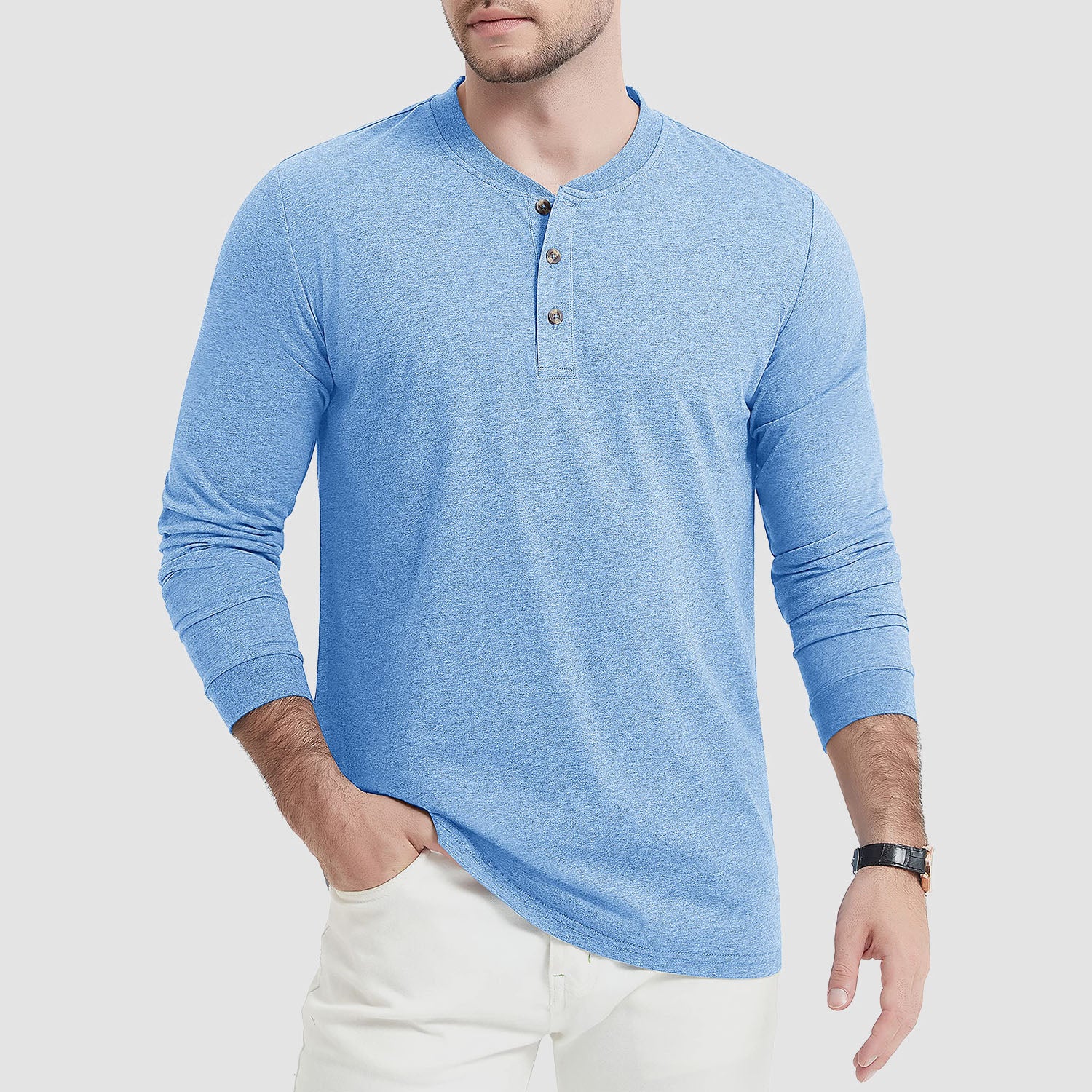 Men's Cotton Long Sleeve Henley Shirt, Casual Work Tee - MAGCOMSEN