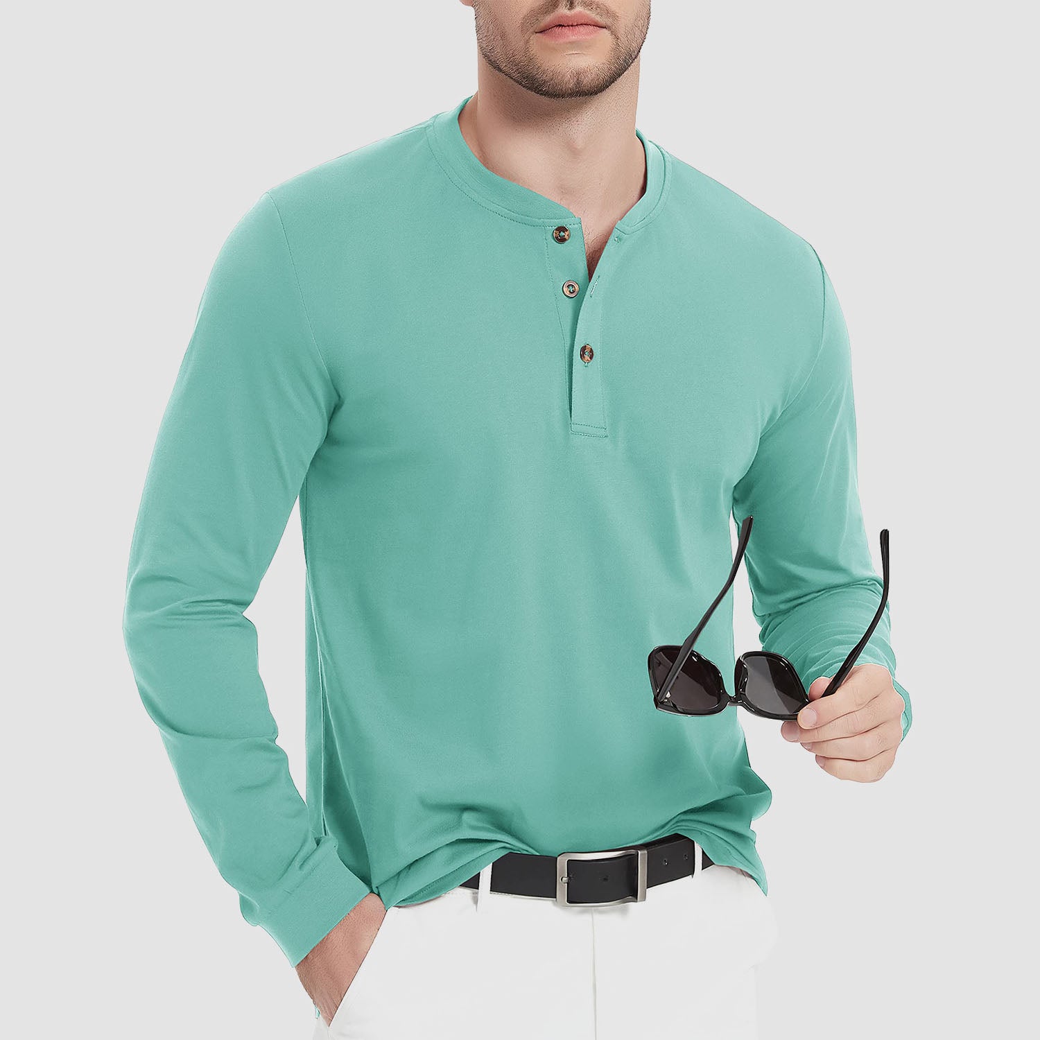 Men's Cotton Long Sleeve Henley Shirt, Casual Work Tee - MAGCOMSEN