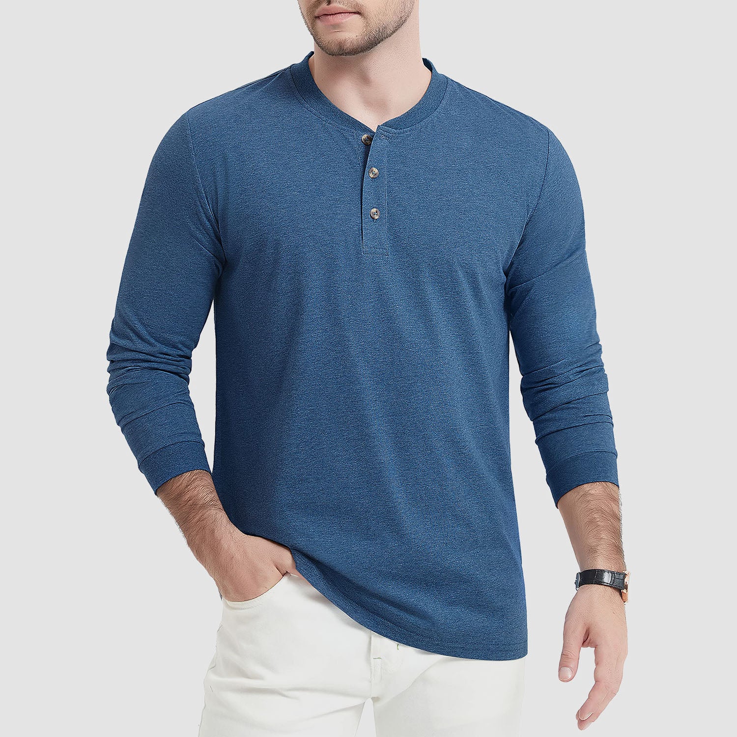 Men's Cotton Long Sleeve Henley Shirt, Casual Work Tee - MAGCOMSEN