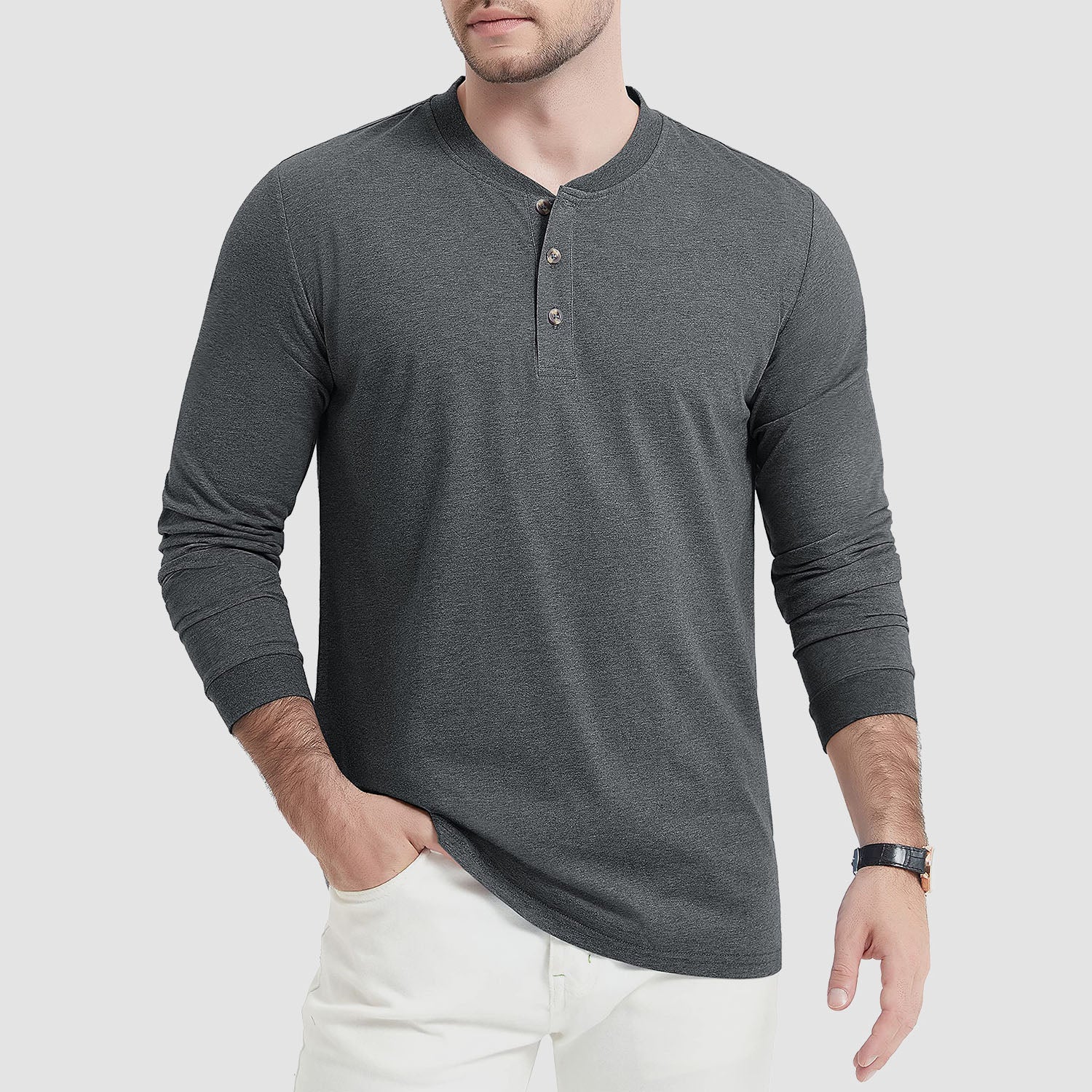 Men's Cotton Long Sleeve Henley Shirt, Casual Work Tee - MAGCOMSEN