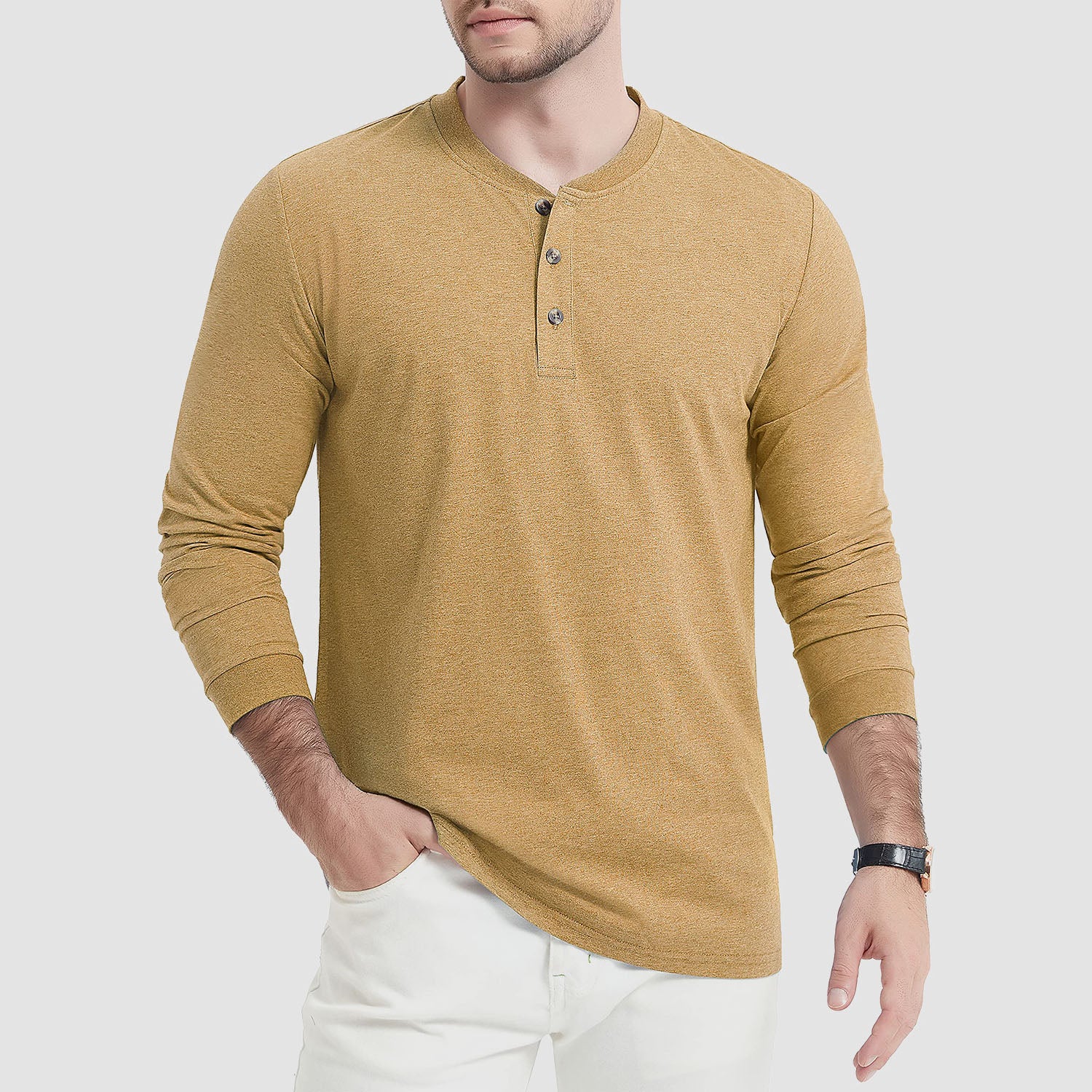 Men's Cotton Long Sleeve Henley Shirt, Casual Work Tee - MAGCOMSEN
