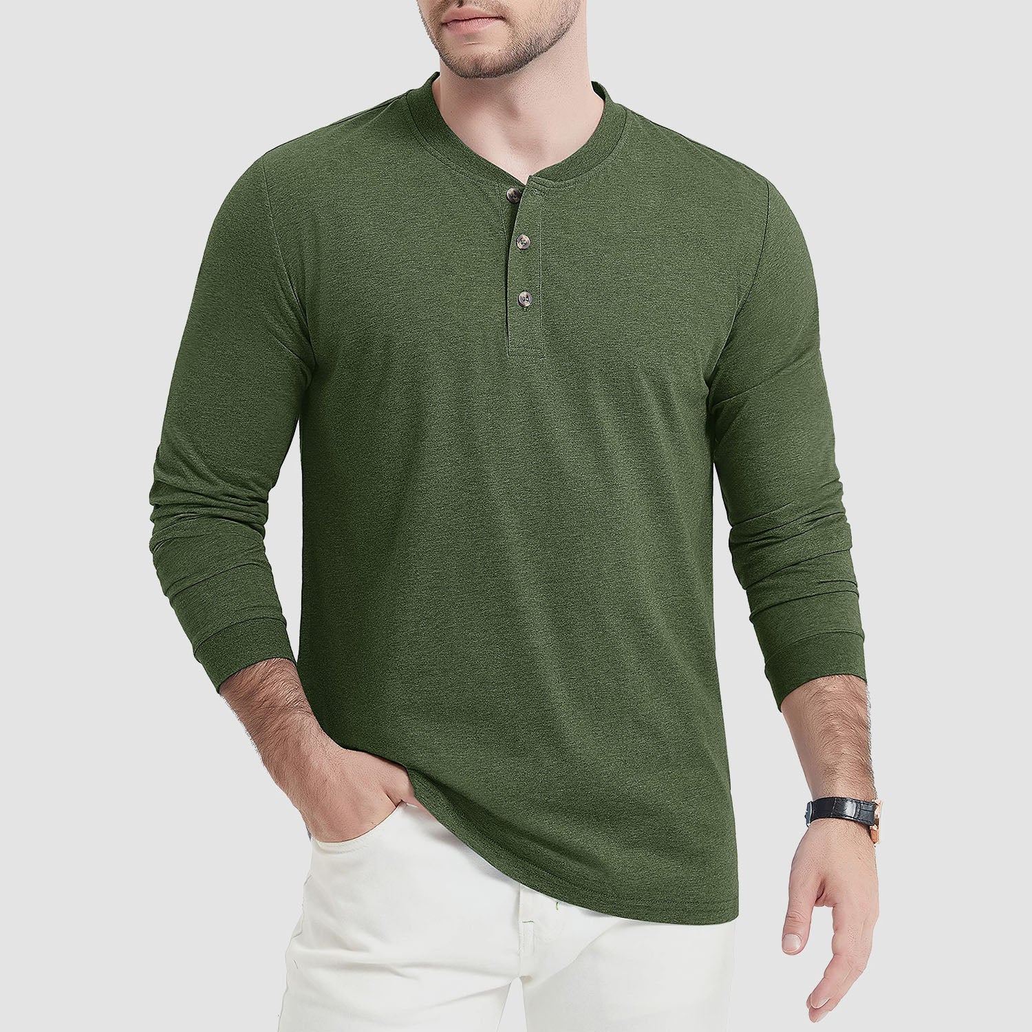 Men's Cotton Long Sleeve Henley Shirt, Casual Work Tee - MAGCOMSEN
