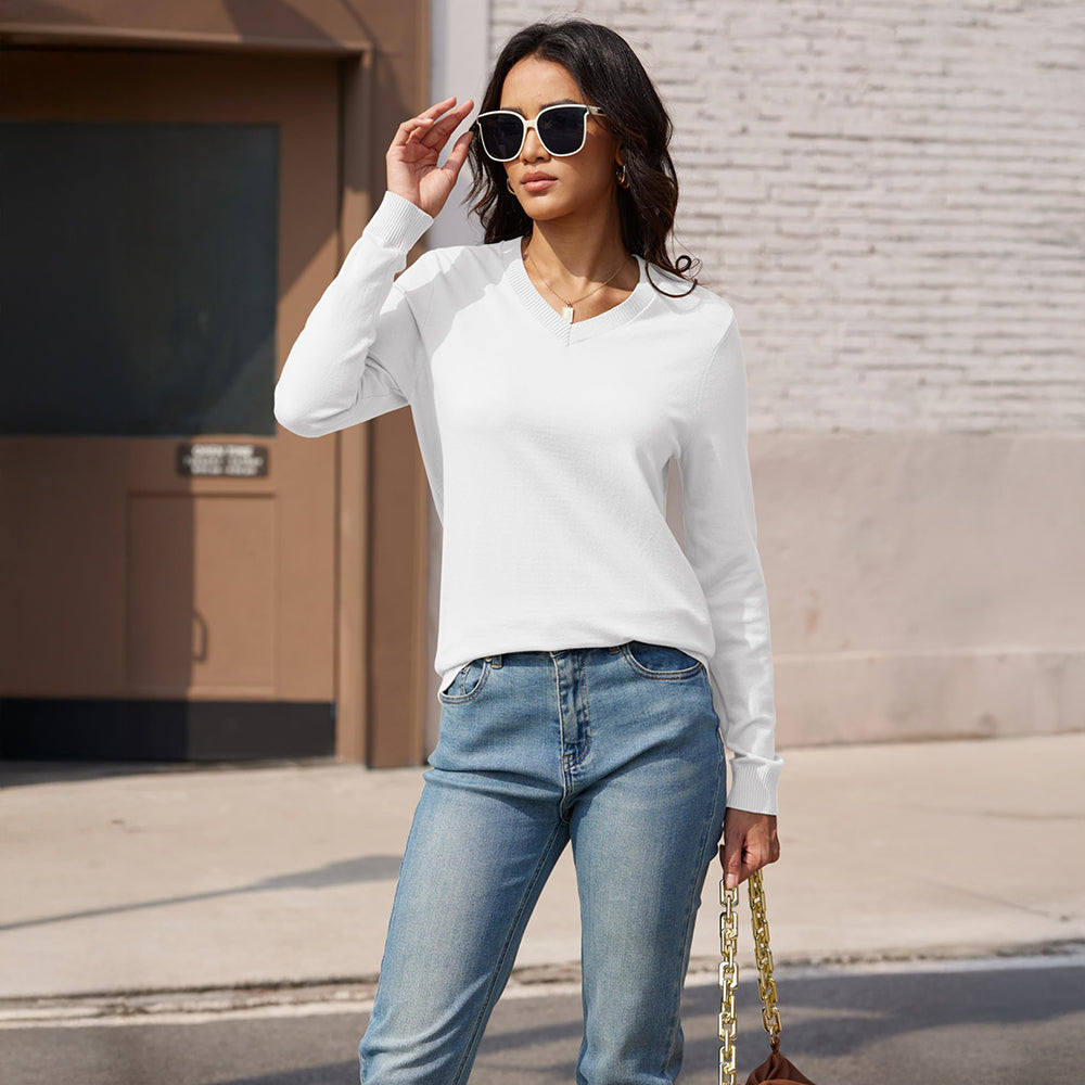 Women's V Neck Casual Knit Long Sleeve Sweater