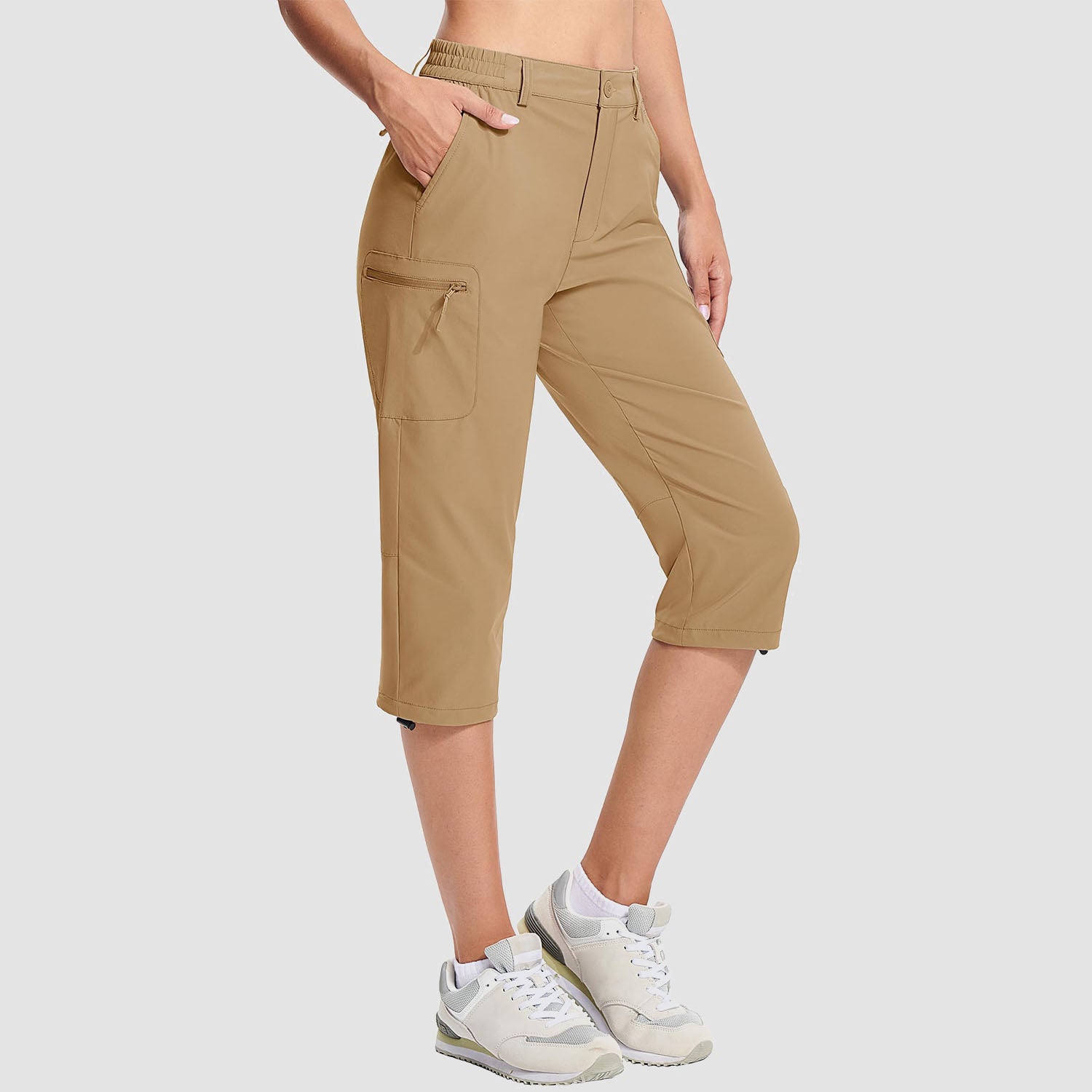 Khaki Women's Lightweight Water-Resistant Hiking Capris with 5 Pockets - MAGCOMSEN