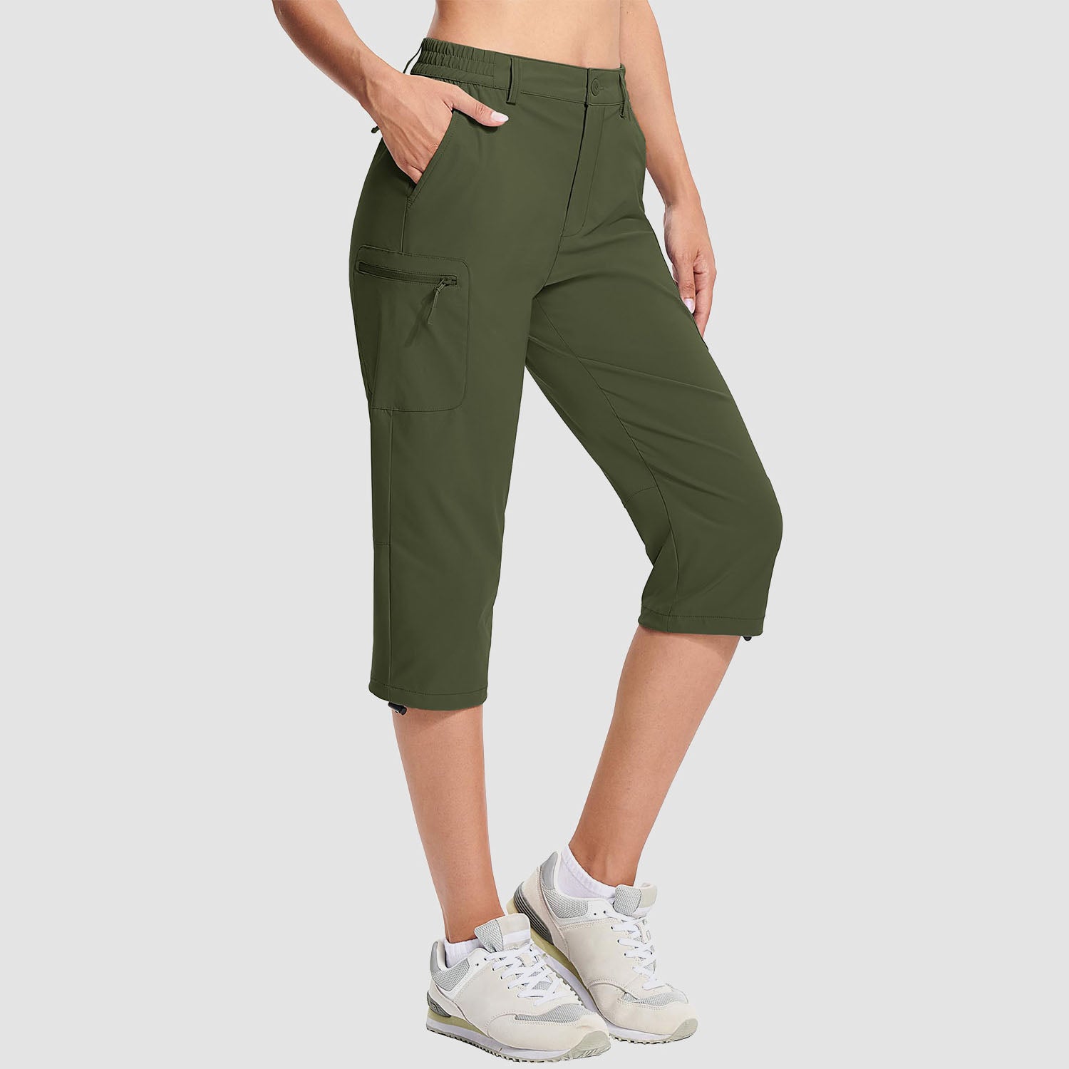 Army Green Women's Lightweight Water-Resistant Hiking Capris with 5 Pockets - MAGCOMSEN