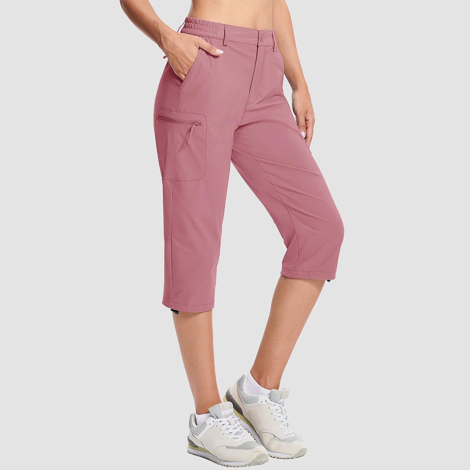 Grey Pink Women's Lightweight Water-Resistant Hiking Capris with 5 Pockets - MAGCOMSEN