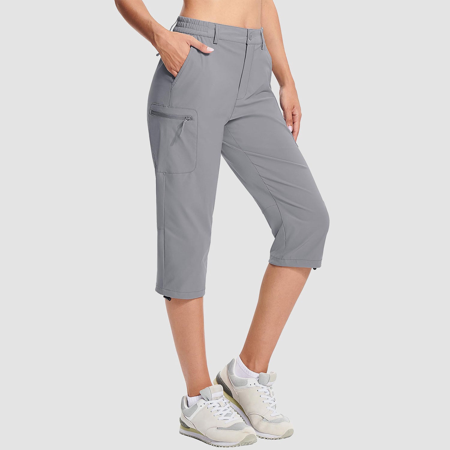 Light Grey Women's Lightweight Water-Resistant Hiking Capris with 5 Pockets - MAGCOMSEN