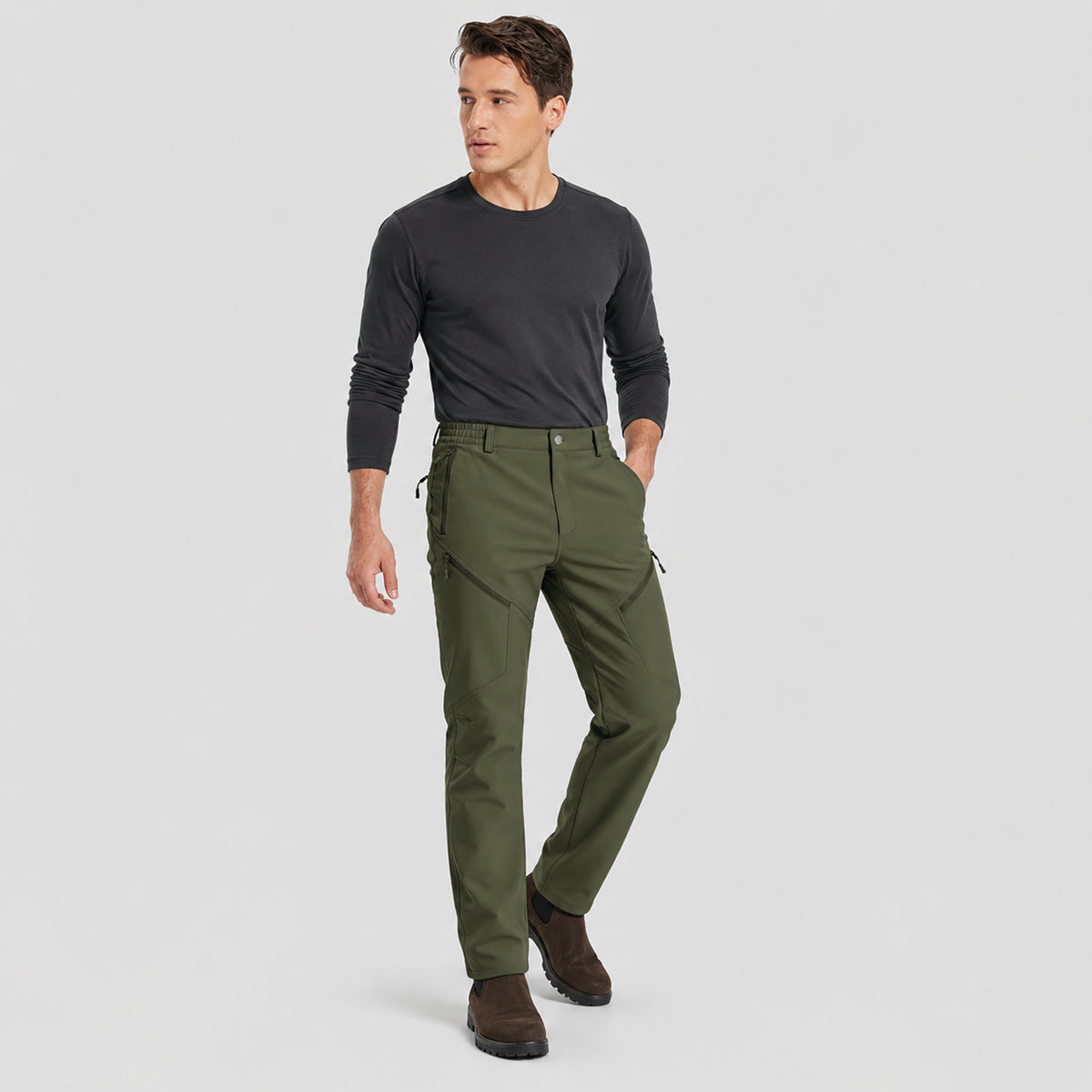 Men's Fleece Lined Softshell Pants Waterproof Hiking Pants with Pockets