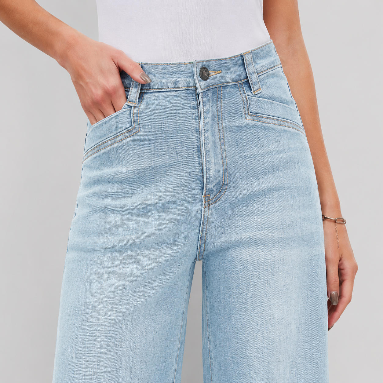 Women's High Waisted Wide Leg Jeans - Stretch Denim Pants with Raw Hem