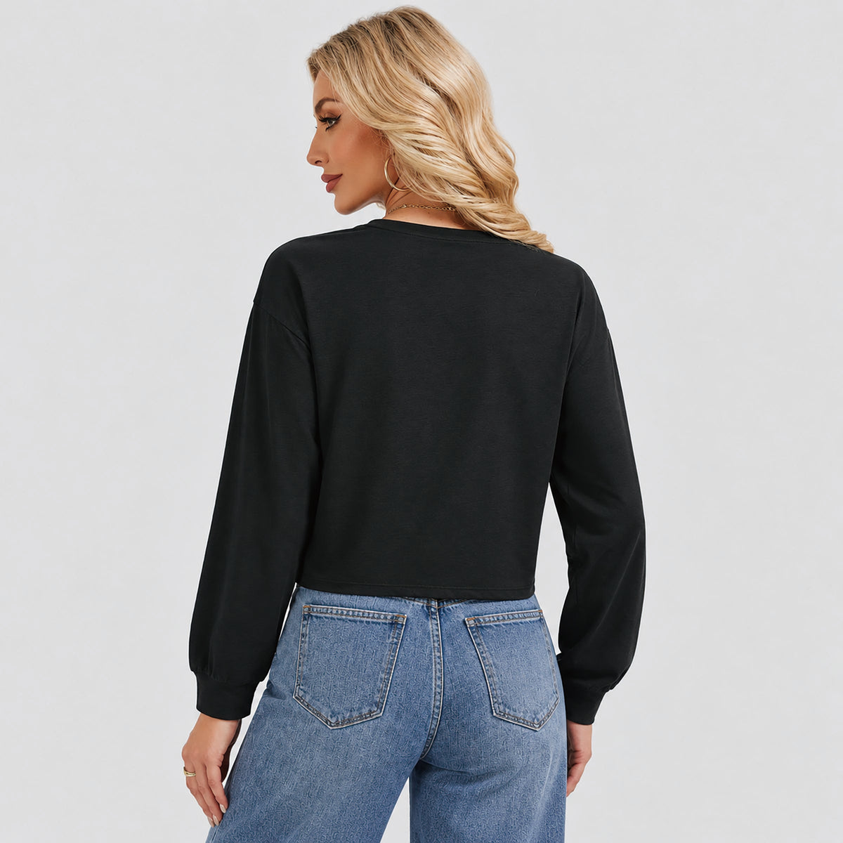 Women's Long Sleeve Cropped Top Crew Neck Casual Lightweight Shirt