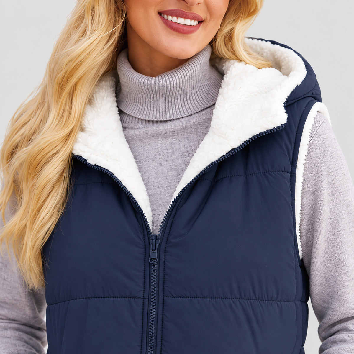 Women's Reversible Fleece Lined Puffer Vest Lightweight Winter Vest with Hood