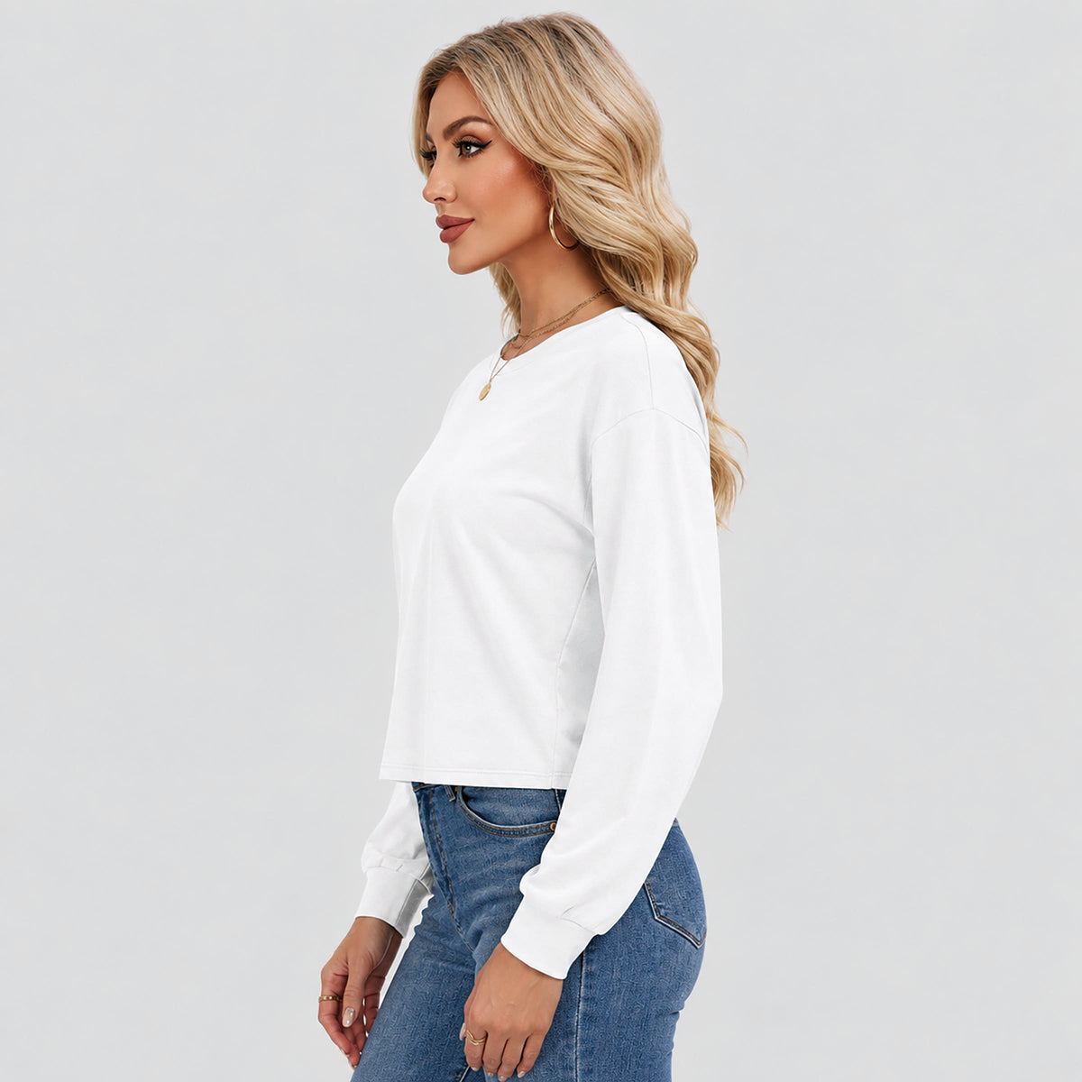 Women's Long Sleeve Cropped Top Crew Neck Casual Lightweight Shirt