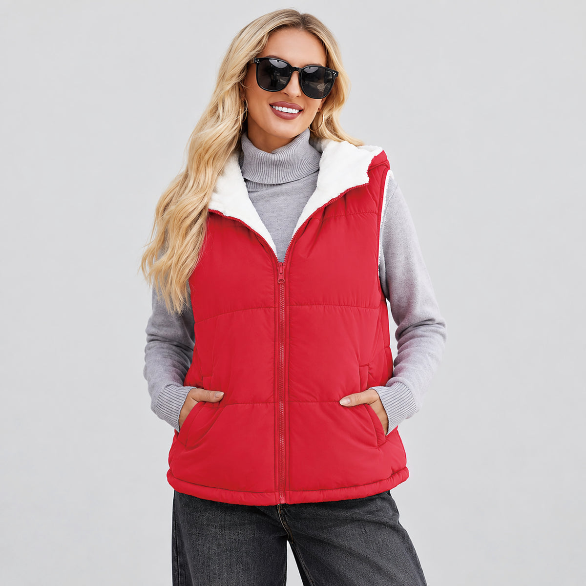 Women's Reversible Fleece Lined Puffer Vest Lightweight Winter Vest with Hood