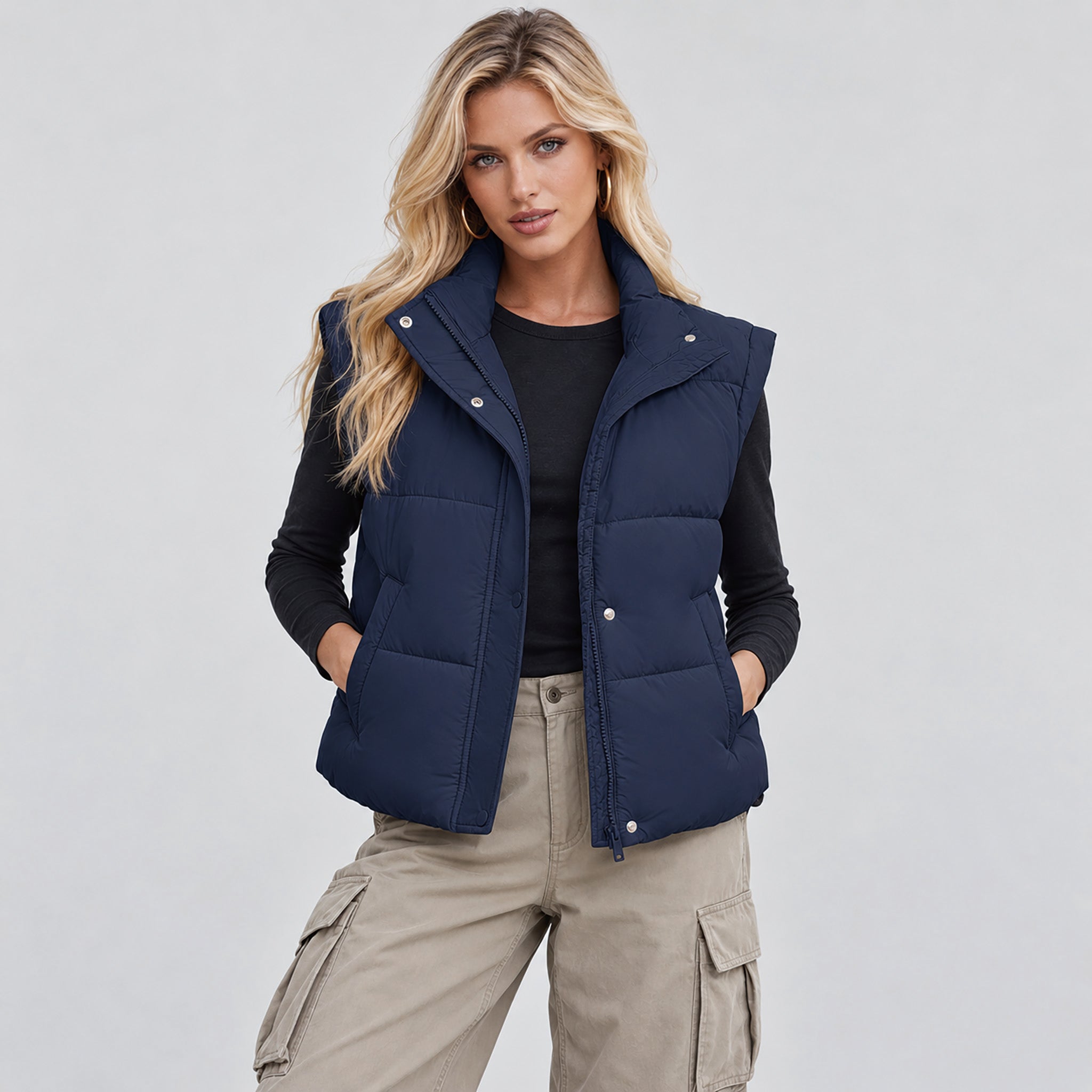 Womens Lightweight Cropped Puffer Vest with Stand Collar