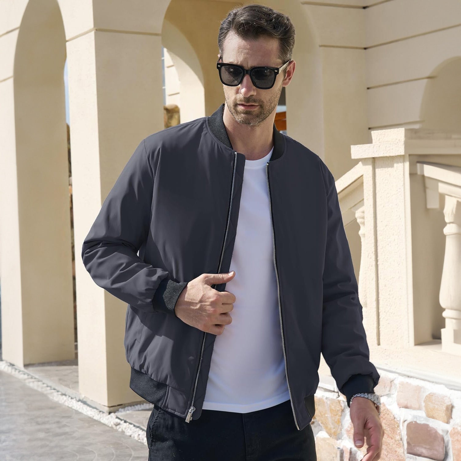 Men's Winter Bomber Jacket, Quilted & Windproof Zip-Up Coa - Black