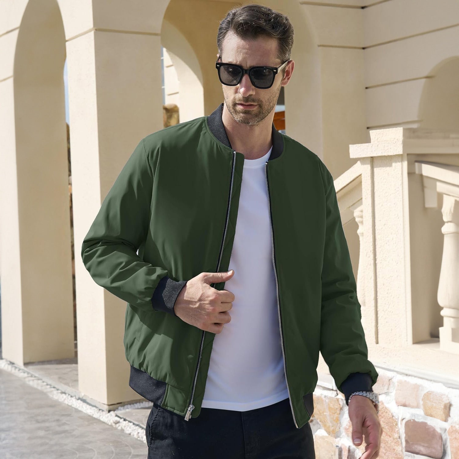 Men's Winter Bomber Jacket, Quilted & Windproof Zip-Up Coa - Black
