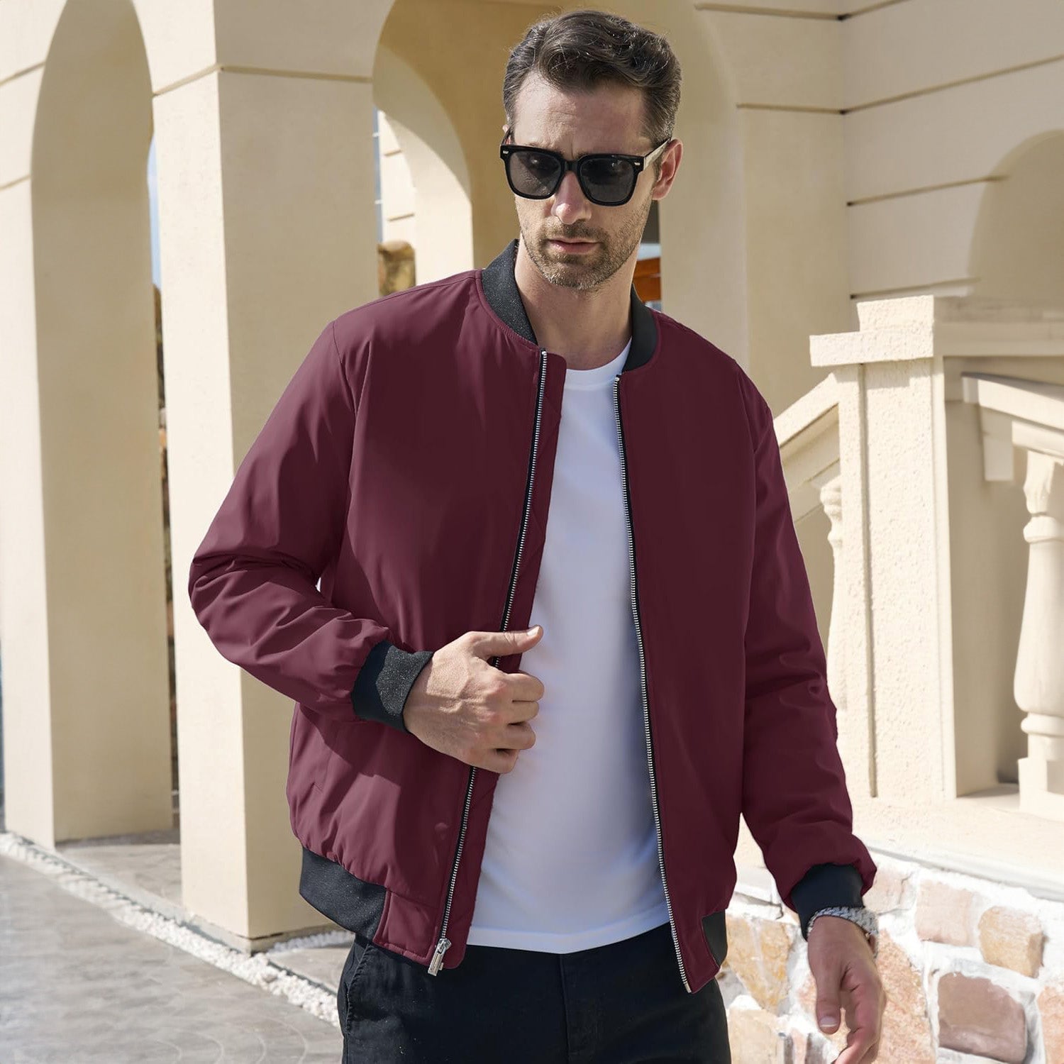 Men's Winter Bomber Jacket, Quilted & Windproof Zip-Up Coa - Black