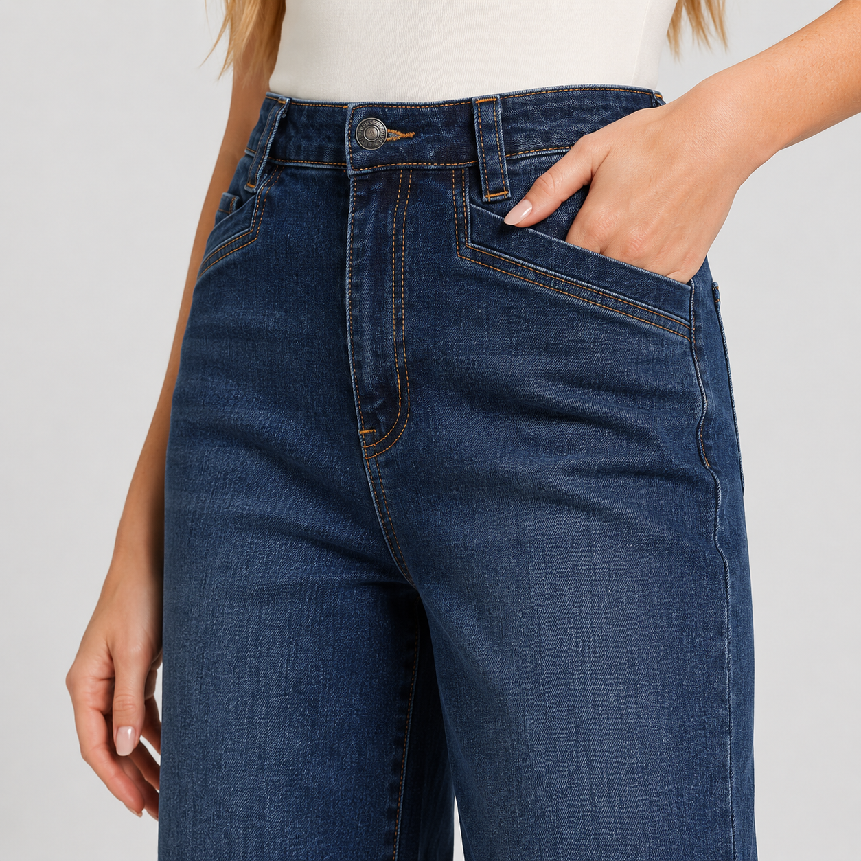 Women's High Waisted Wide Leg Jeans - Stretch Denim Pants with Raw Hem