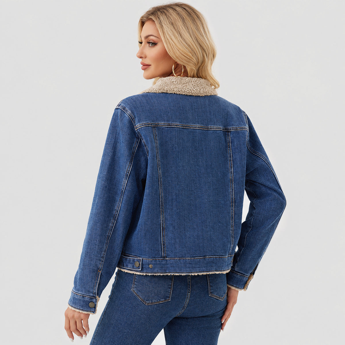Women's Fleece-Lined Denim Jacket with Warm Collar and Pockets