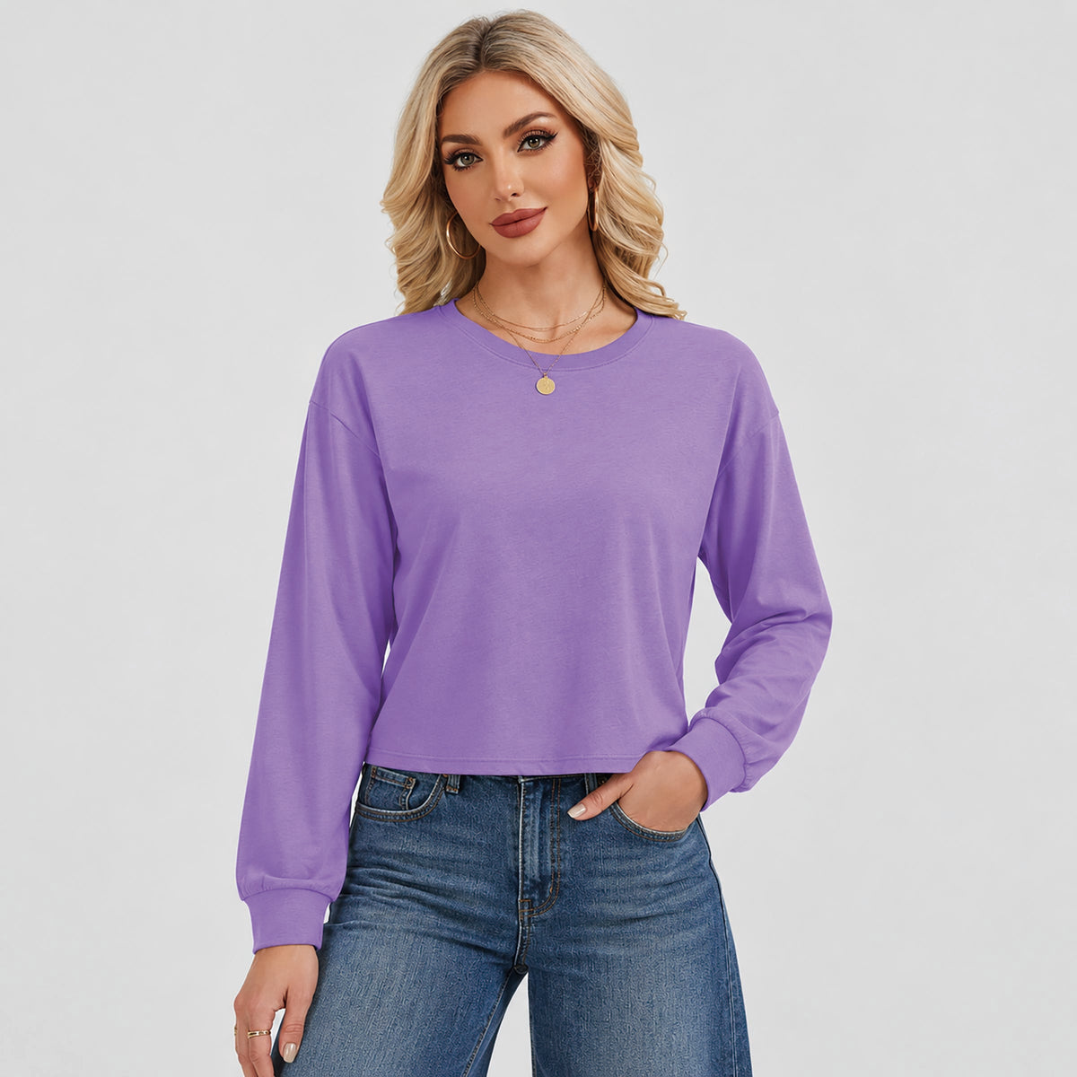 Women's Long Sleeve Cropped Top Crew Neck Casual Lightweight Shirt