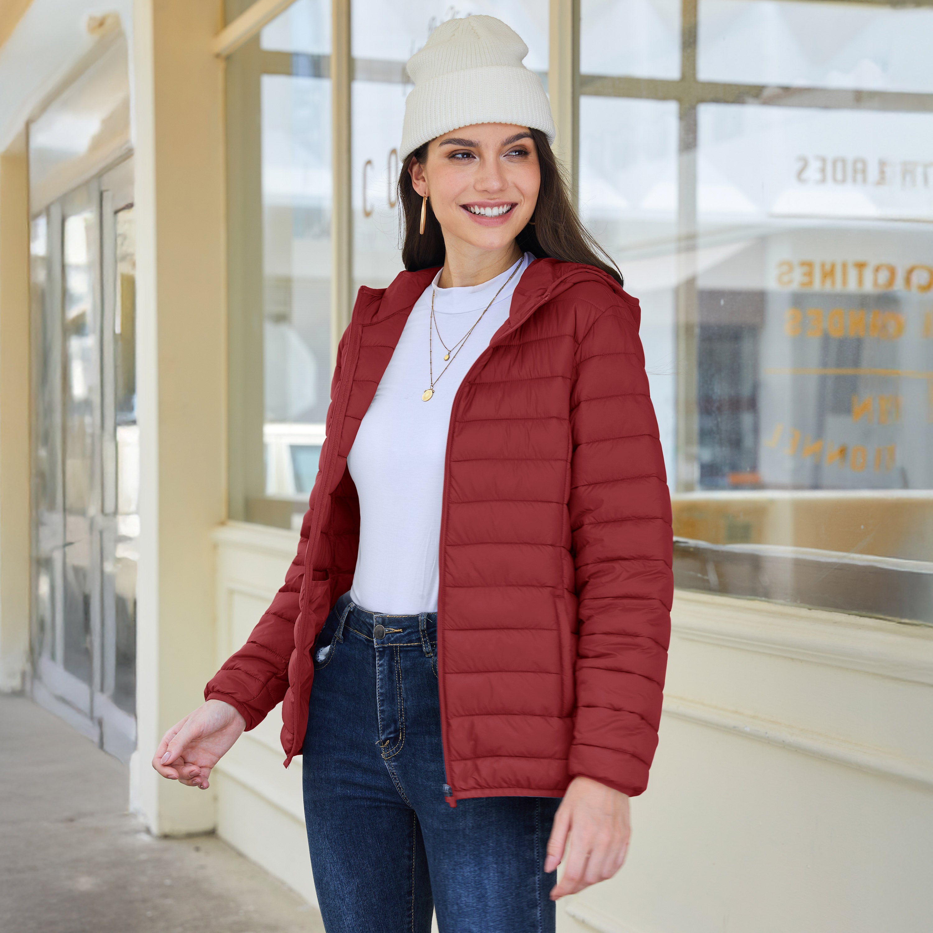Women's Hooded Lightweight Puffer Jacket Full Zip Winter Coat