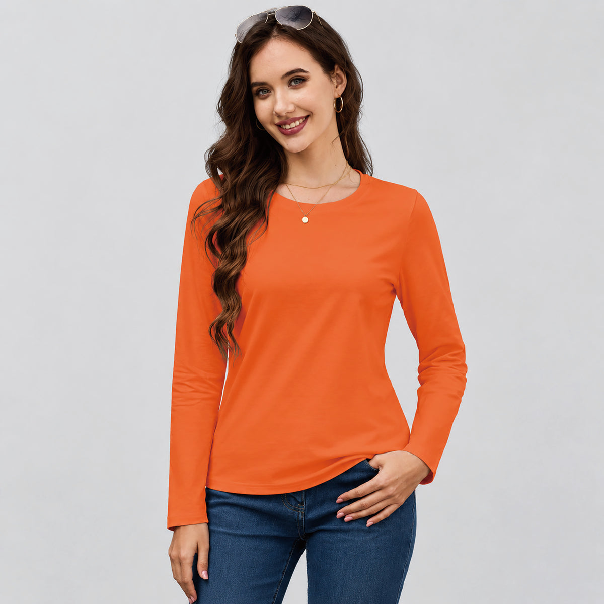 Women's Cotton Long Sleeve Crew Neck T Shirt Soft Casual Basic Tee