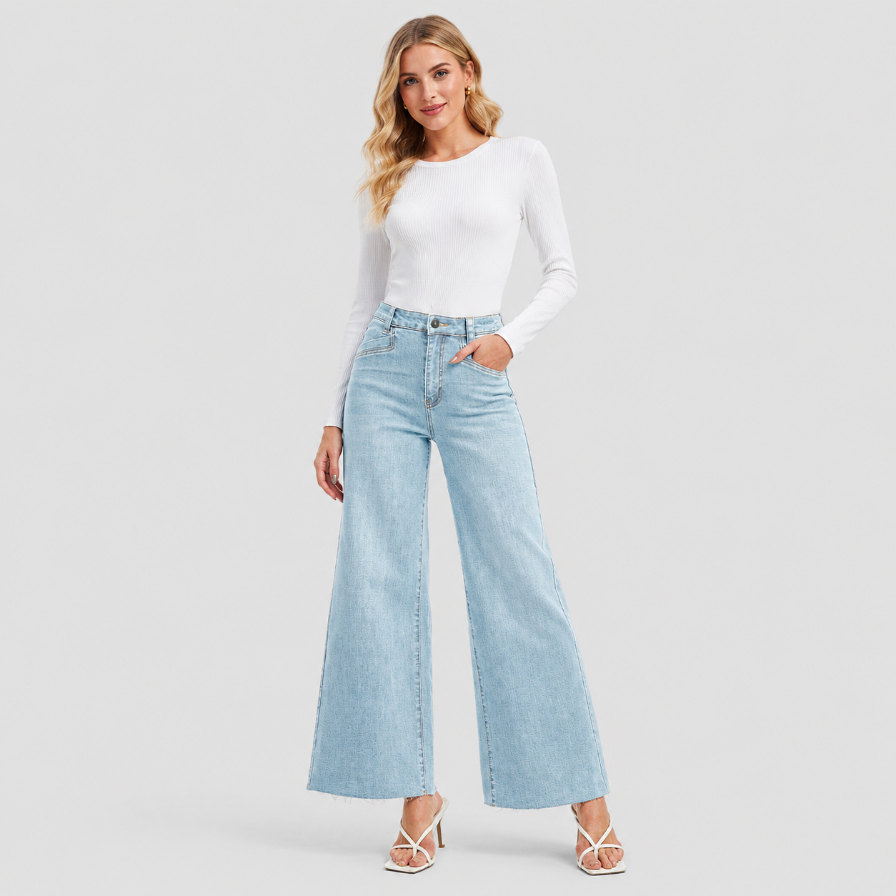 Women's High Waisted Wide Leg Jeans - Stretch Denim Pants with Raw Hem
