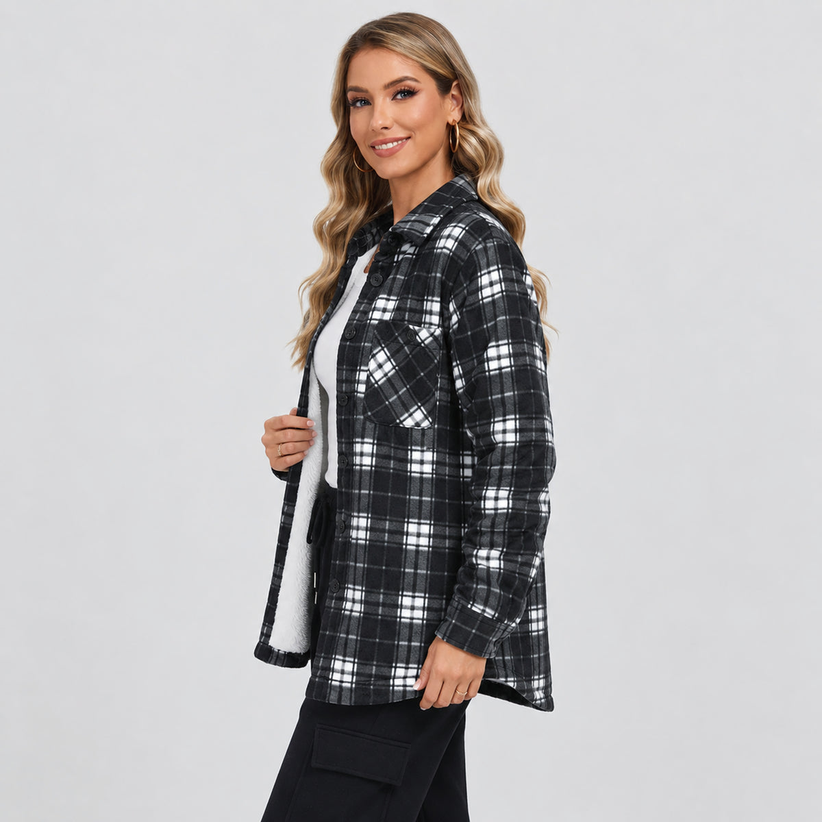 Women's Sherpa Lined Plaid Shacket Warm Flannel Jacket for Fall Winter