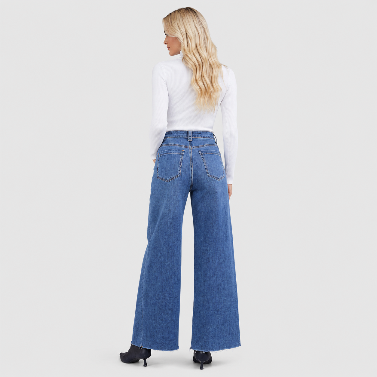 Women's High Waisted Wide Leg Jeans - Stretch Denim Pants with Raw Hem