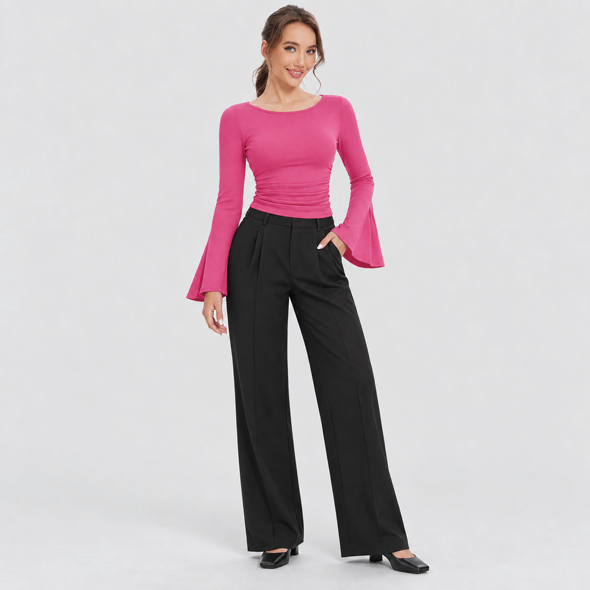 Women's Ribbed Boat Neck Long Sleeve Top Fitted Ruched Casual Shirt