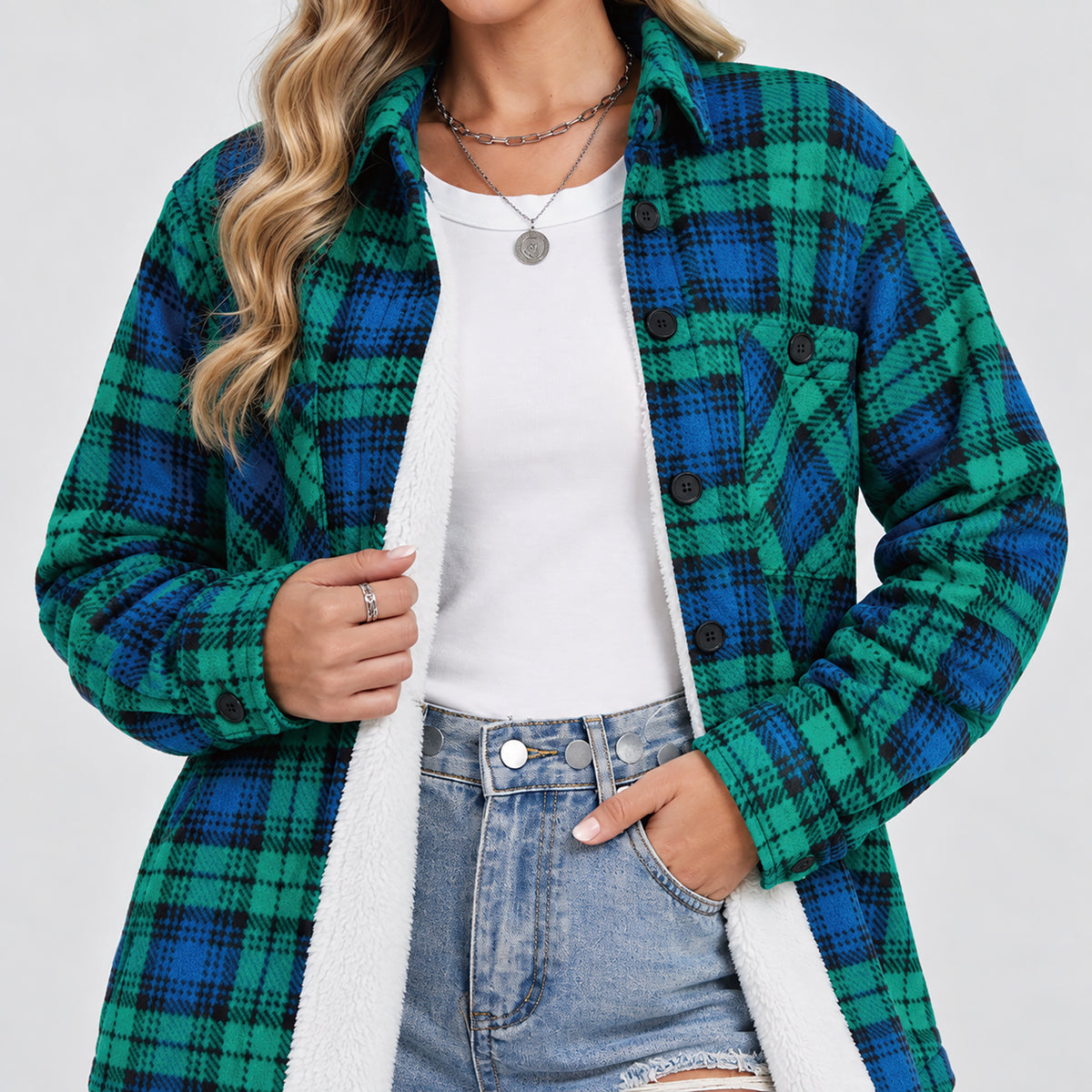 Women's Sherpa Lined Plaid Shacket Warm Flannel Jacket for Fall Winter