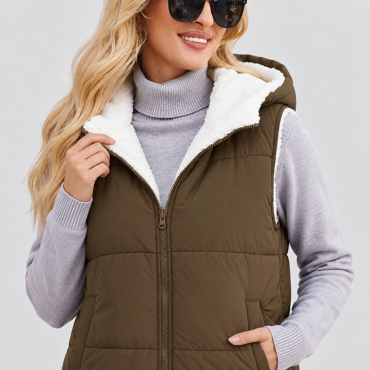 Women's Reversible Fleece Lined Puffer Vest Lightweight Winter Vest with Hood