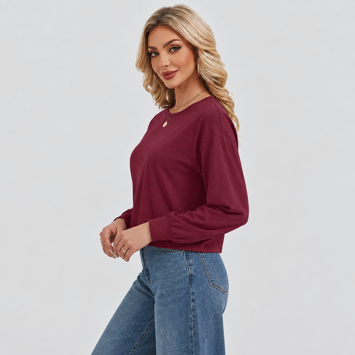 Women's Long Sleeve Cropped Top Crew Neck Casual Lightweight Shirt