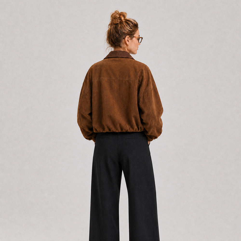 Women's Brown Suede Jacket Corduroy Collar Cropped Casual Outerwear