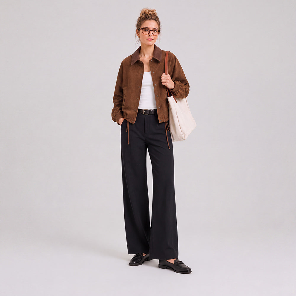 Women's Brown Suede Jacket Corduroy Collar Cropped Casual Outerwear