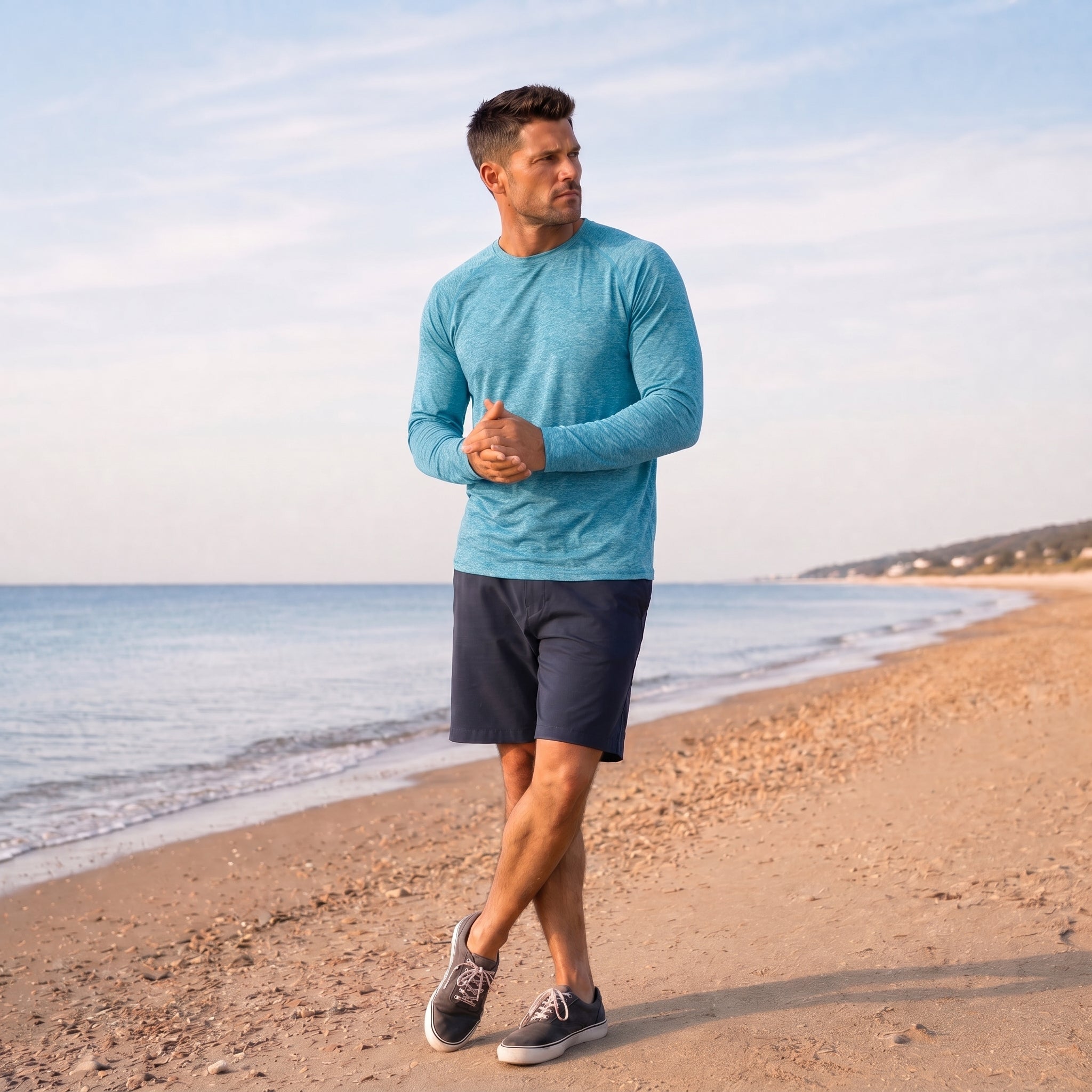 Men UPF 50 Plus Sun Protection Shirt - Quick Dry Cooling Long Sleeve Raglan Tee Water Blue by MAGCOMSEN