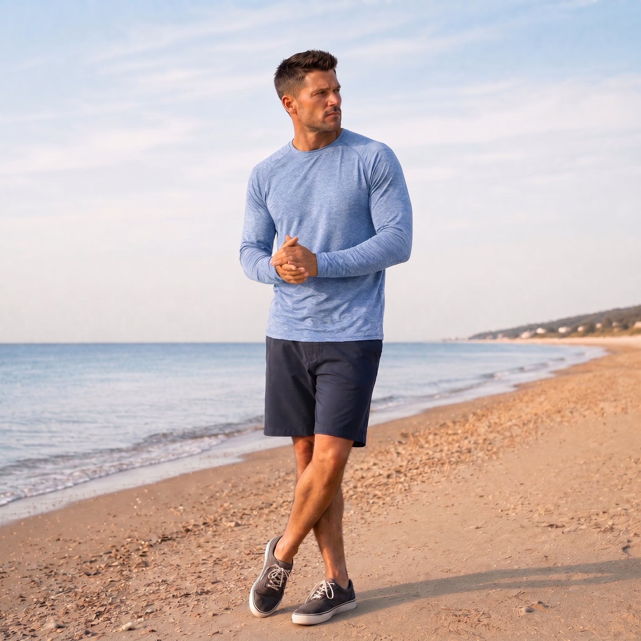 Men UPF 50 Plus Sun Protection Shirt - Quick Dry Cooling Long Sleeve Raglan Tee Light Blue by MAGCOMSEN