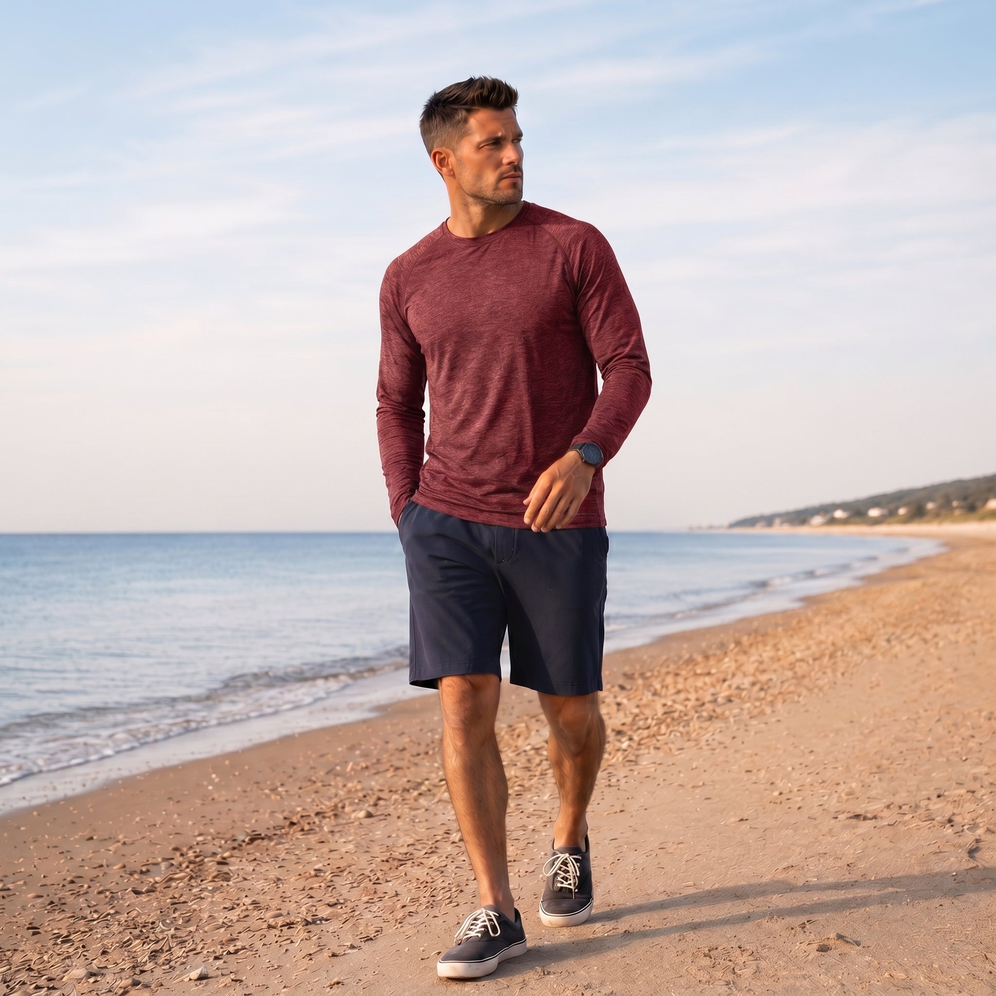 Men UPF 50 Plus Sun Protection Shirt - Quick Dry Cooling Long Sleeve Raglan Tee Wine by MAGCOMSEN