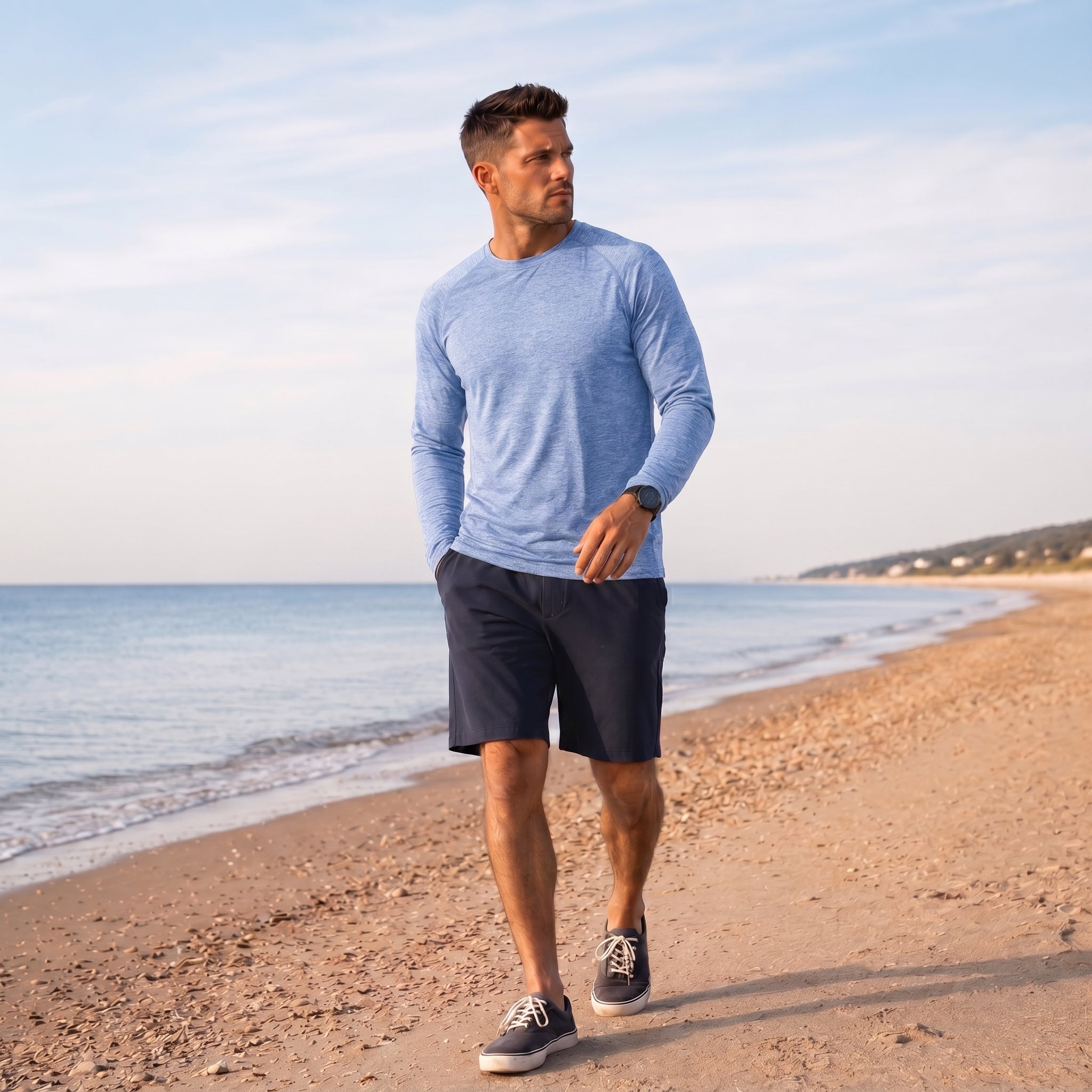 Men UPF 50 Plus Sun Protection Shirt - Quick Dry Cooling Long Sleeve Raglan Tee Light Blue by MAGCOMSEN