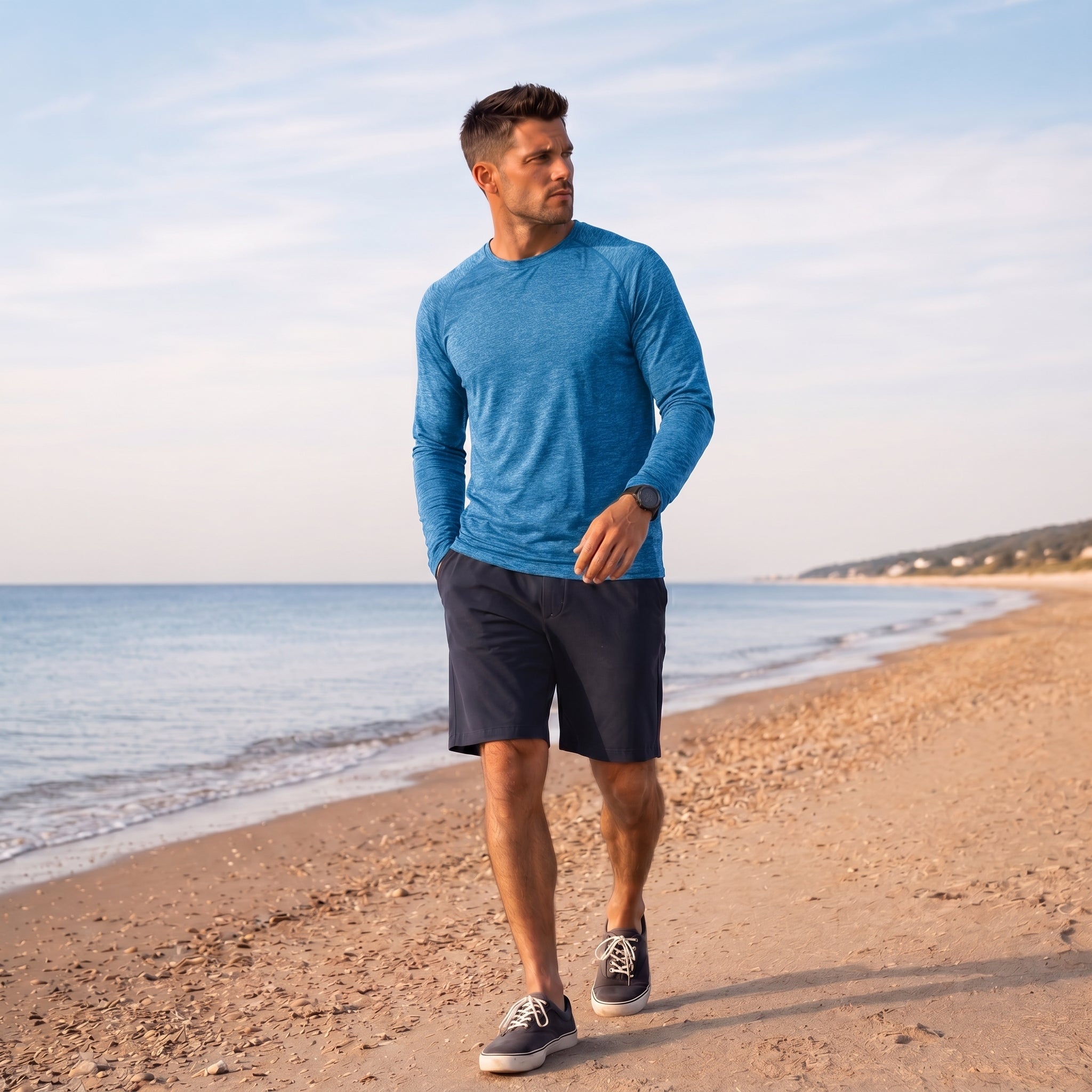 Men UPF 50 Plus Sun Protection Shirt - Quick Dry Cooling Long Sleeve Raglan Tee Sea Blue by MAGCOMSEN