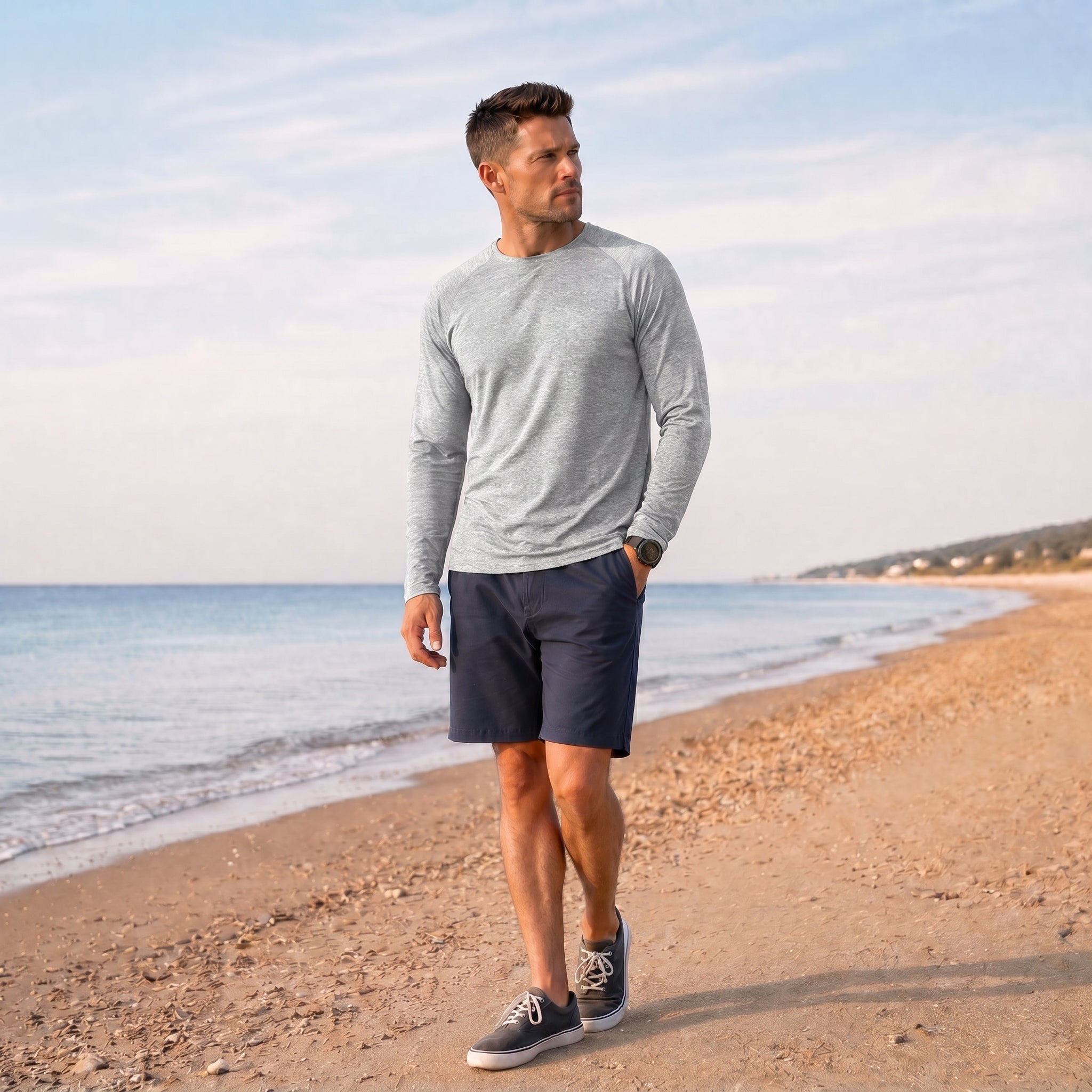 Men UPF 50 Plus Sun Protection Shirt - Quick Dry Cooling Long Sleeve Raglan Tee Light Grey by MAGCOMSEN