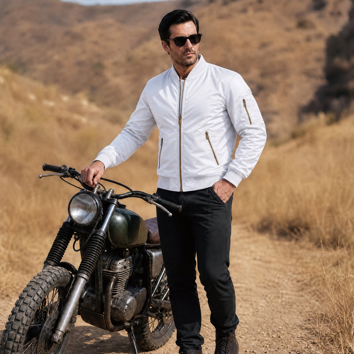 White MAGCOMSEN Men's Bomber Jacket – Casual Zip-Up Windbreaker in #Color_White